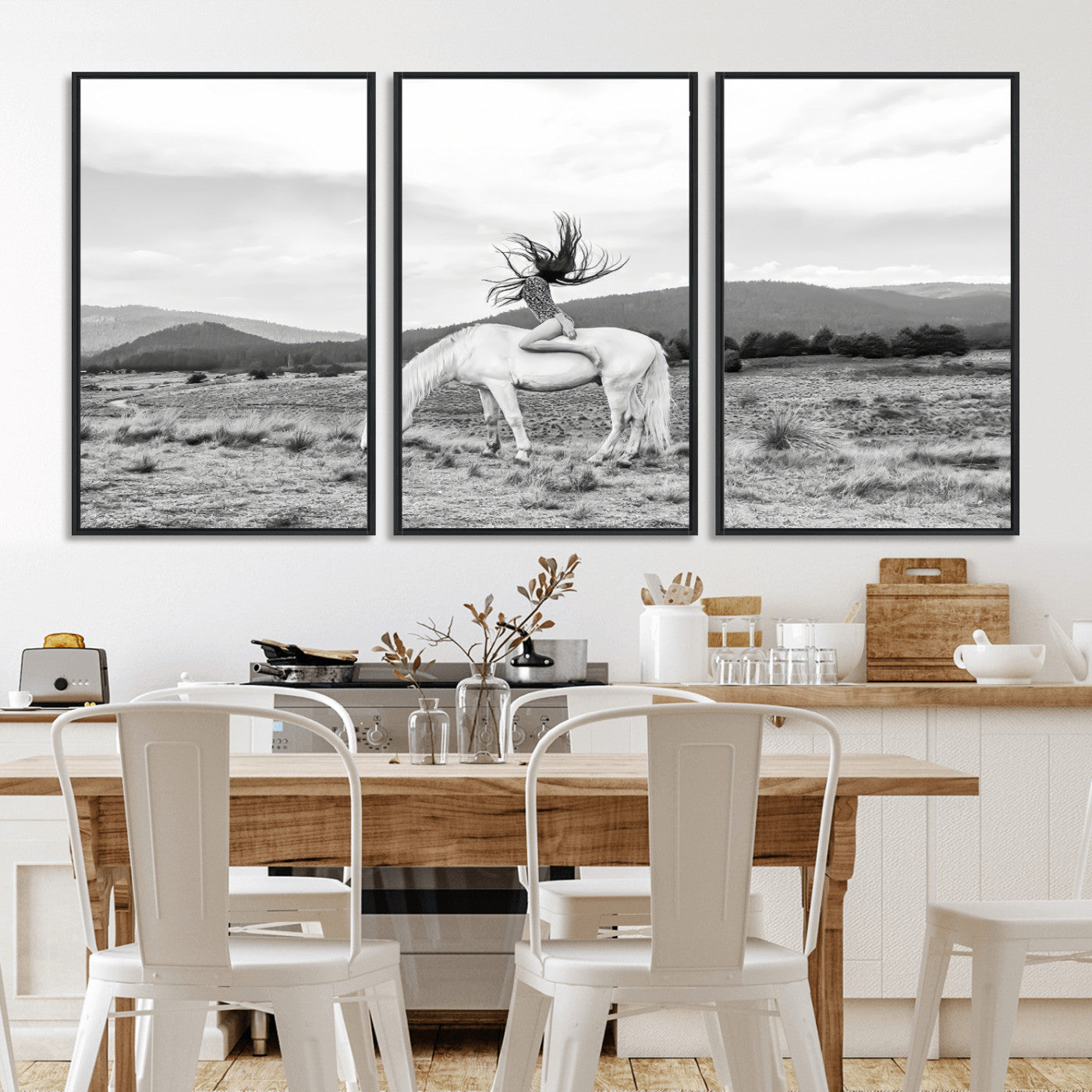 62789800-MGV-CV-36X24-White Horse Wall Art Canvas Print – Framed Woman Rider Equestrian Pose Western Boho Elegant Artwork for Home Office