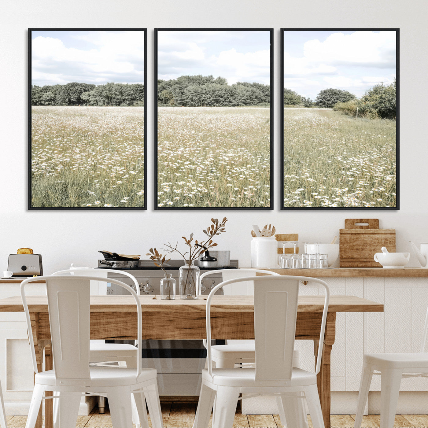 43258946-MGV-FC-60X30-3P_Black-Charming Daisy Field Wall Art Canvas Print – Framed Pastel Flower Meadow Bloom Scandinavian Minimal Artwork for Home Office