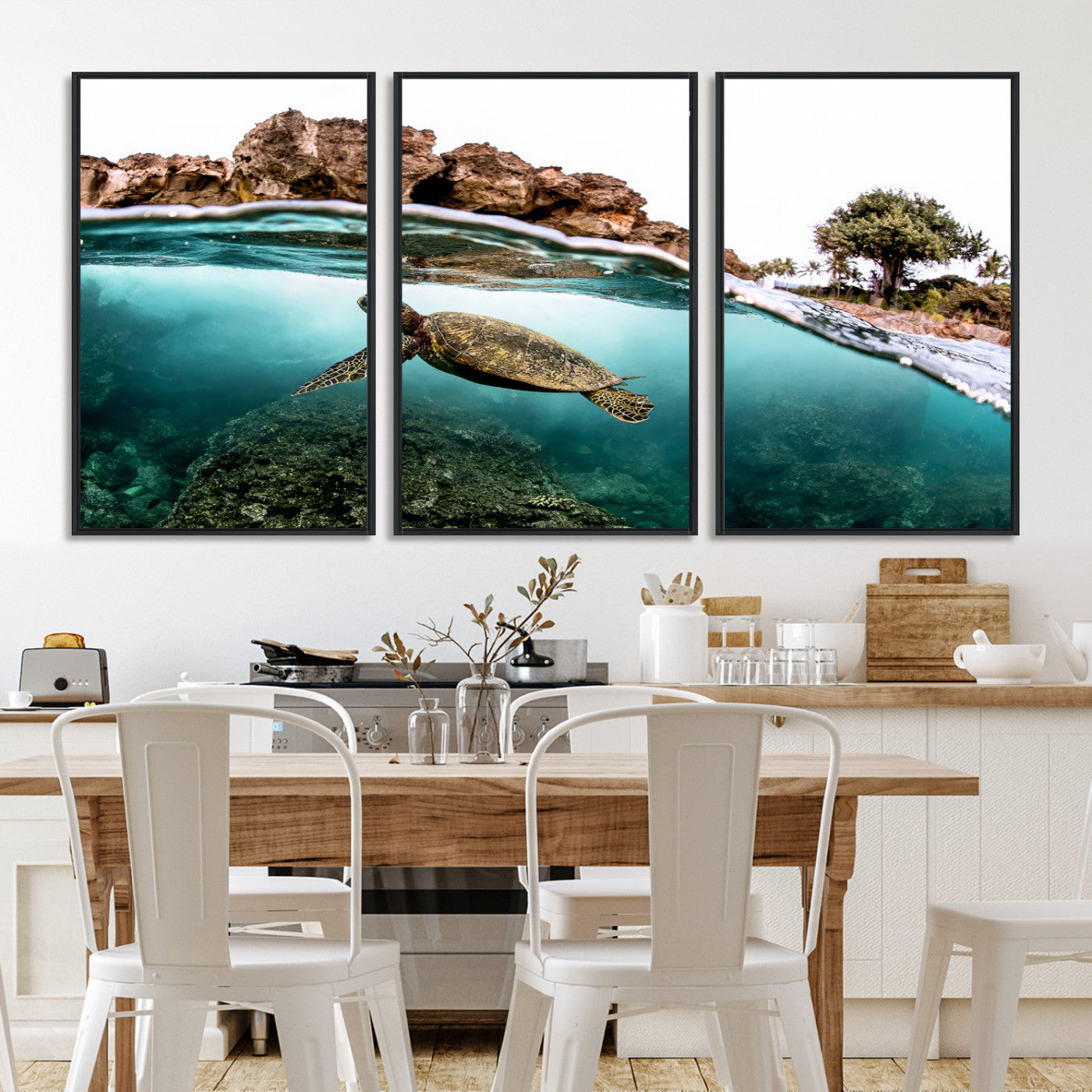44200301-MGV-FC-60X30-3P-Sea Turtle Wall Art Canvas Print, Framed Ocean Life Art Picture Print, Tropical Perfect Coastal