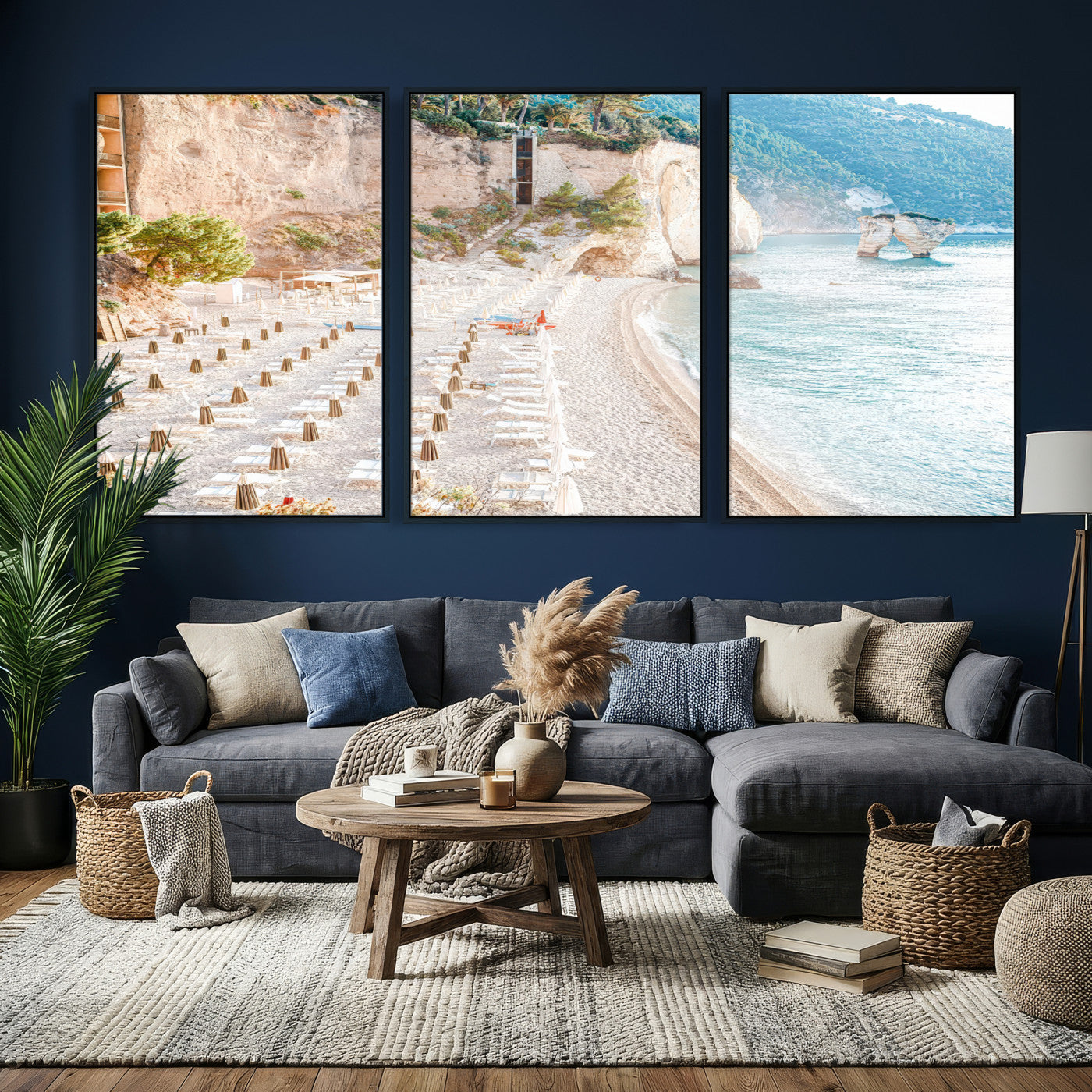 84816639-MGV-CV-36X24 - Sunny Beach Wall Art – Chairs & Umbrellas Canvas Print, Clear Water, Rocky Cliffs, Coastal Calm for Living Room or Vacation Home Decor