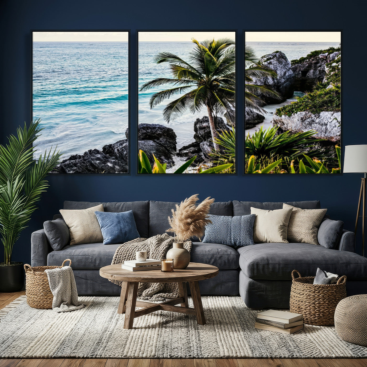 94669907-MGV-CV-36X24 - Tropical Palm Wall Art – Coastal Rocks Canvas Print, Ocean Breeze, Sandy Shore, Vibrant Green Foliage for Living Room or Beach House Decor