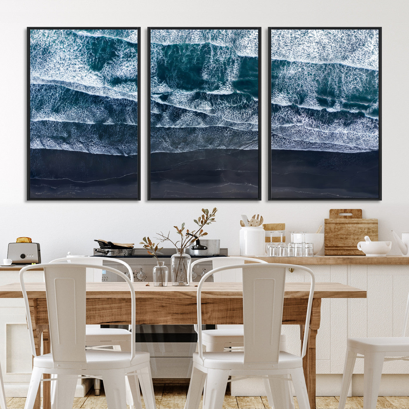 87941475-MGV-FC-60X30-3P-Black Beach Wall Art Canvas Print – Framed Aerial Ocean View Moody Coastal Seascape Nature Artwork for Home Office