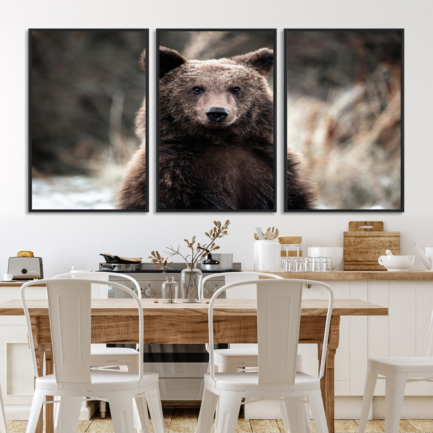 47112103-MGV-FC-60X30-3P-Brown Bear Wall Art Canvas Print, Framed Wildlife Art Picture Print, Woodland Perfect Cabin Decor