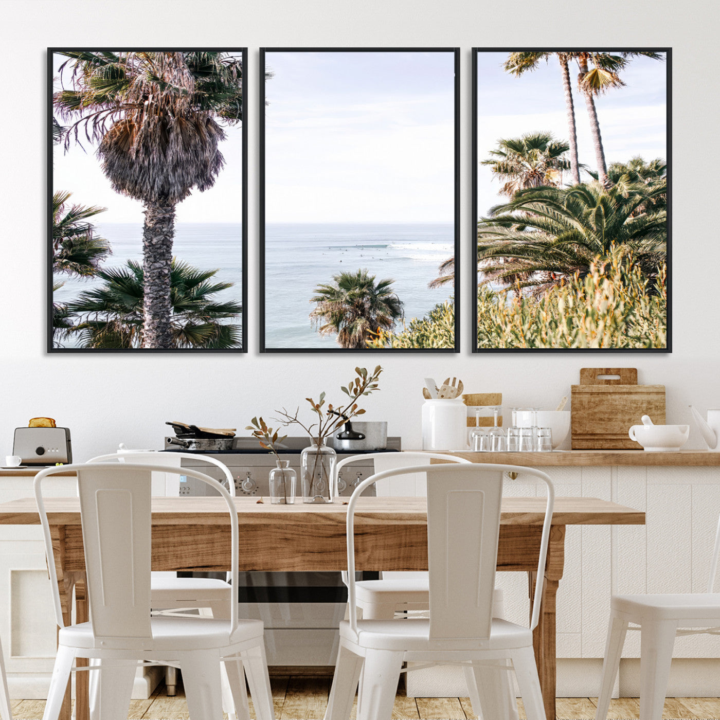 51404565-MGV-FC-60X30-3P-Coastal Palm Trees Wall Art Canvas Print – Framed Ocean Breeze Tropical Scene Artwork for Relaxing Home, Office Decor