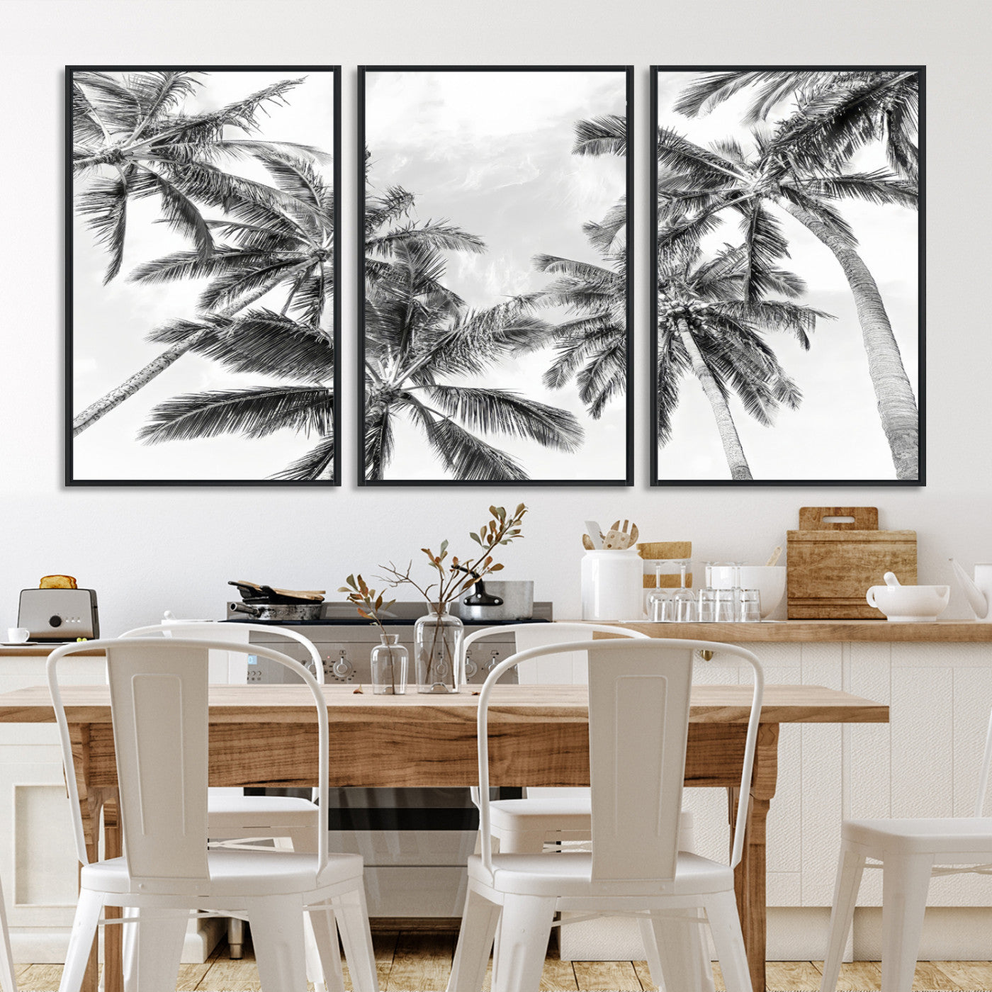 62113786-MGV-FC-60X30-3P-Black and White Palm Wall Art Canvas Print – Framed Monochrome Tropical Beach Scene Artwork for Modern Home, Office Decor