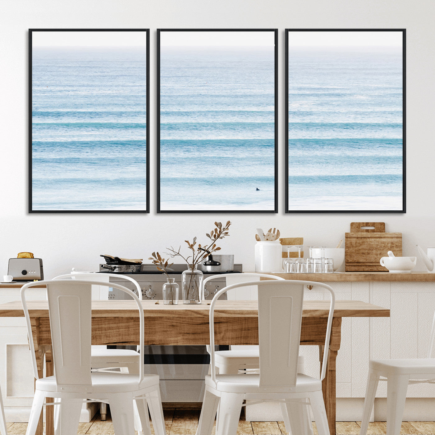 77145995-MGV-CV-36X24-Ocean Wave Surfer Wall Art – Framed Minimal Seascape Canvas Artwork, Calm Blue Water Design, Coastal Decor for Home, Office