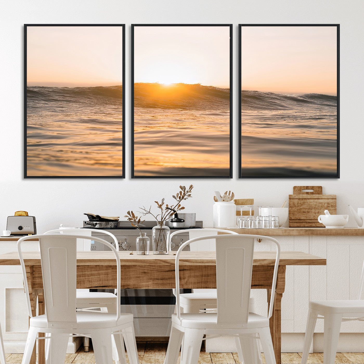 16973771-MGV-CV-36X24-Calm Water Wall Art – Framed Sunset Waves Canvas Artwork, Coastal Warm Design, Minimal Ocean Decor for Home, Office