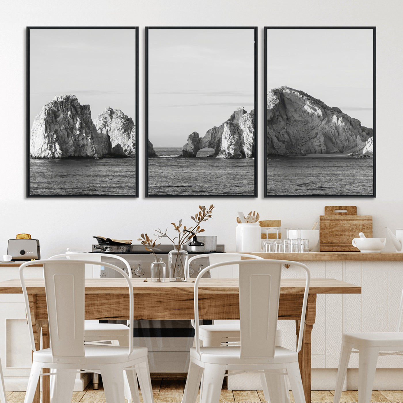 MGV-FC-60X30-3P - Rugged Coastline Wall Art Canvas Print, Framed Ocean Cliffs Art Picture Print, Monochrome Seascape Perfect Coastal Minimalist Decor Artwork