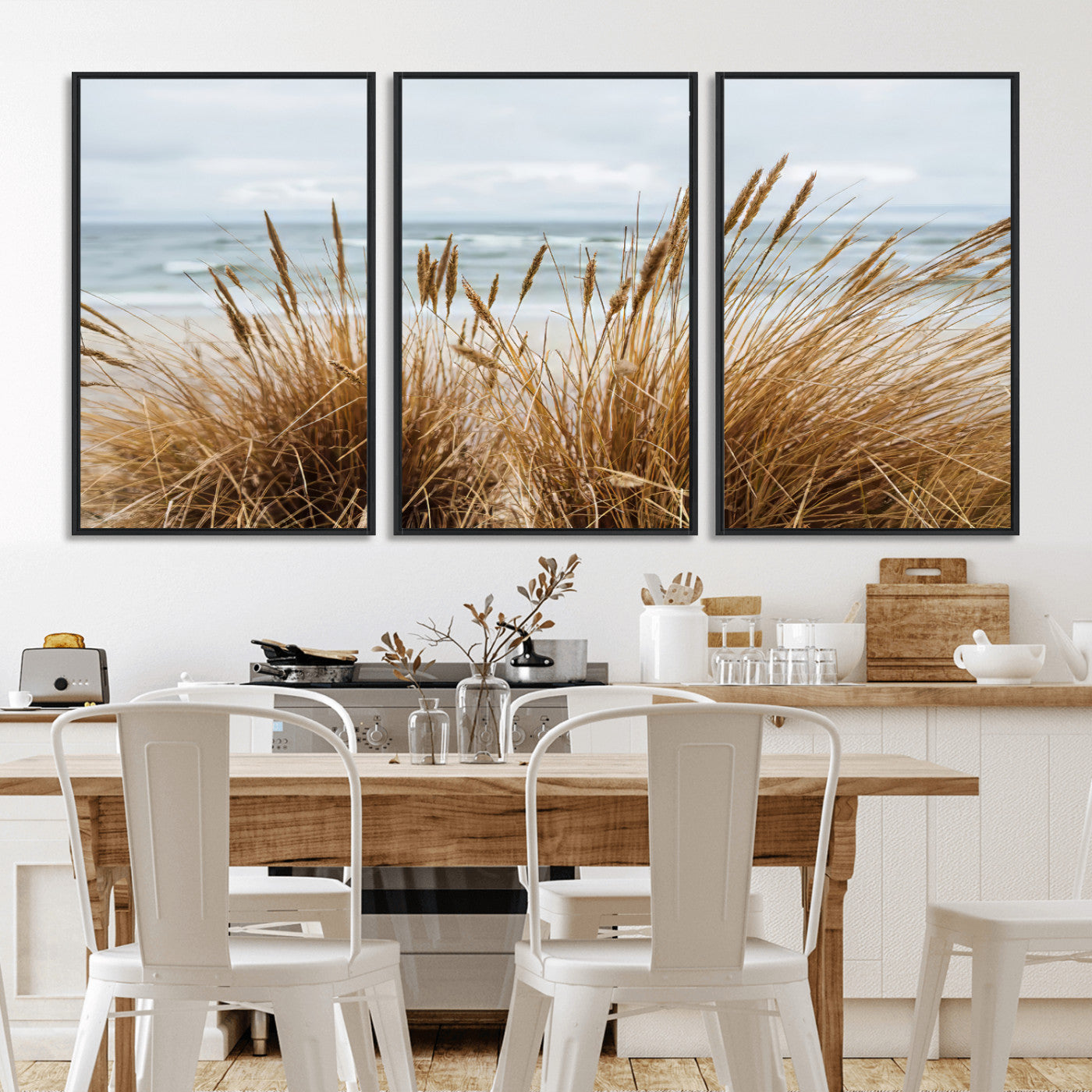 14270839-MGV-FC-60X30-3P_Black-Beach Grass Wall Art – Framed Coastal Dunes Canvas Artwork, Minimal Seaside Design, Modern Coastal Decor for Home, Office