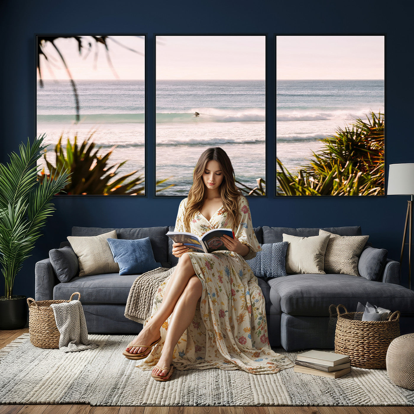 23287092-MGV-CV-36X24 - Ocean Surfer Wall Art Canvas Print | Framed Coastal Surf Art Picture Tropical Beach Artwork for Home Office
