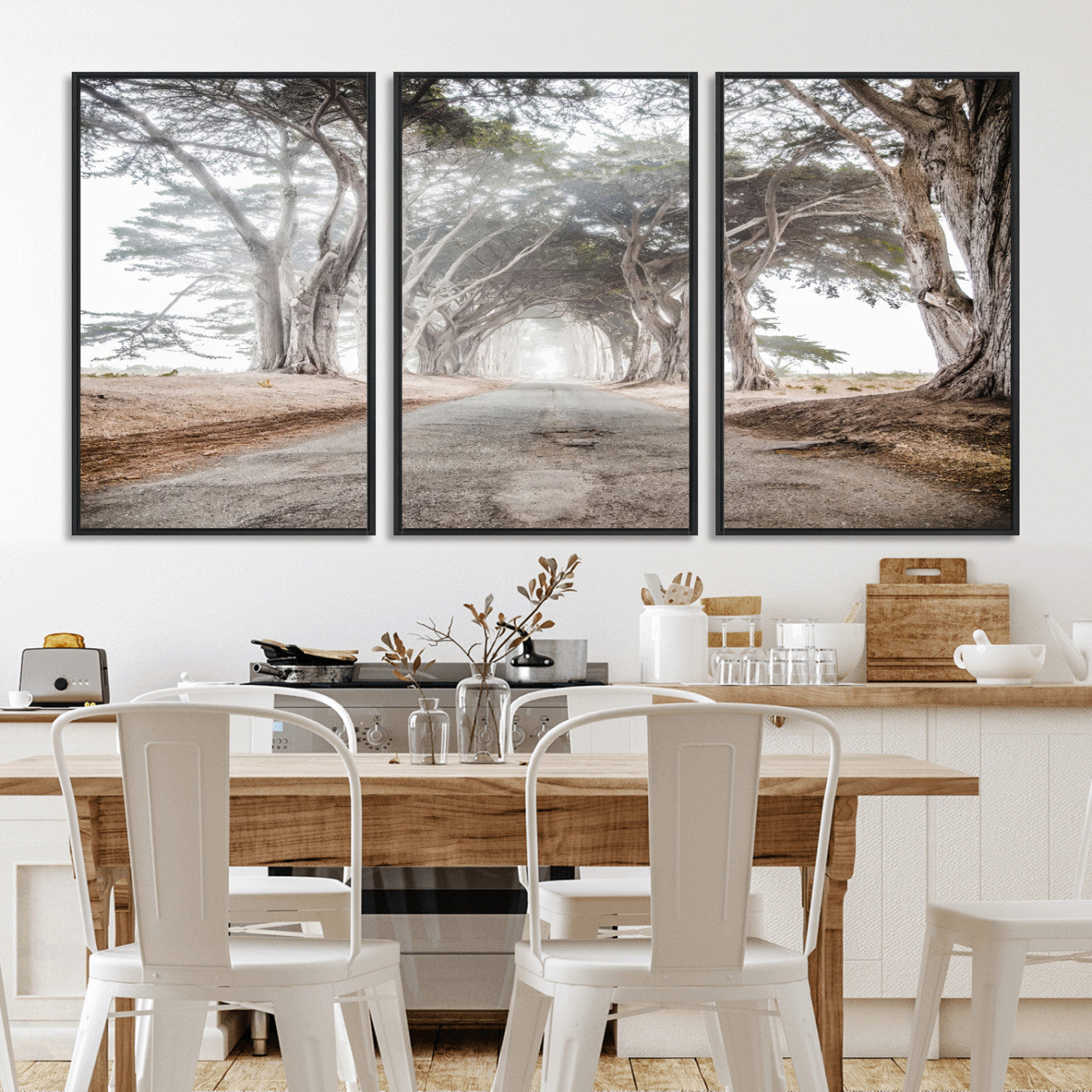 87090469-MGV-FC-60X30-3P_Black-Cypress Tunnel Wall Art – Framed Misty Road Canvas Artwork, Foggy Trees Design, Rustic Woodland Nature Decor for Home, Office