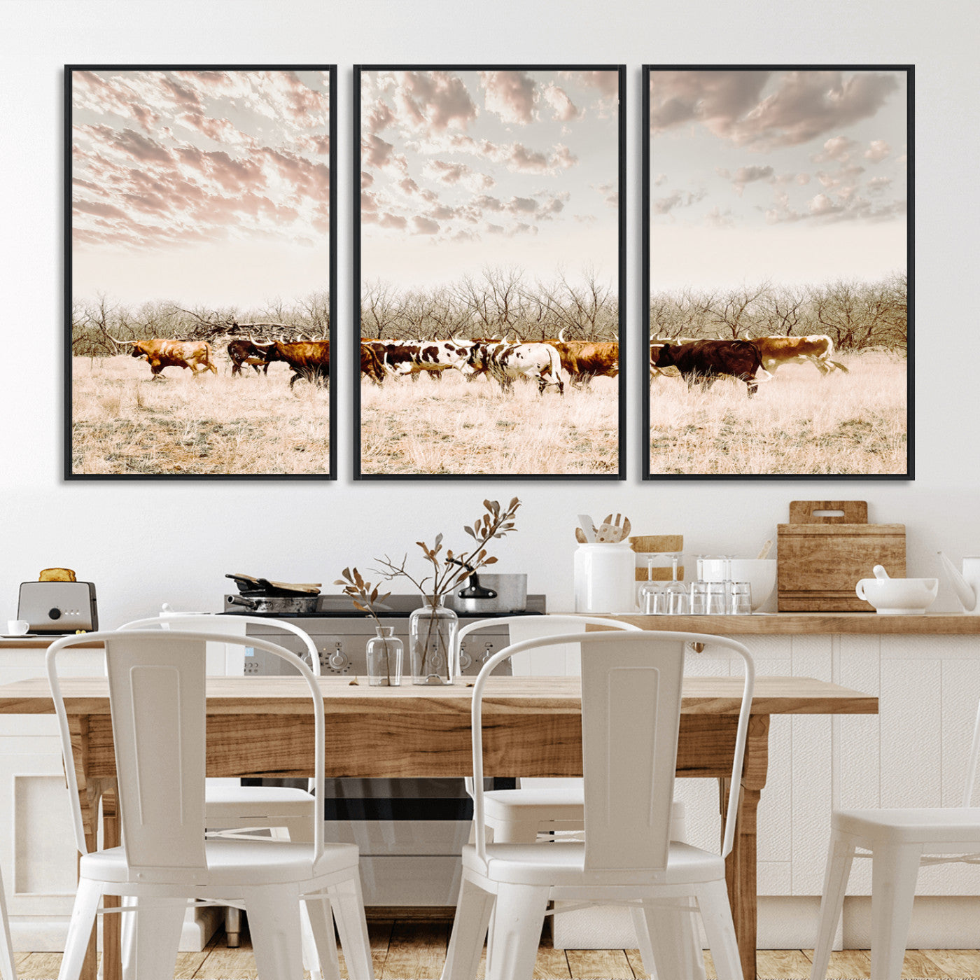 -Longhorn Cattle Wall Art Canvas Print, Framed Texas Ranch Art Picture Print, Western Cow Perfect