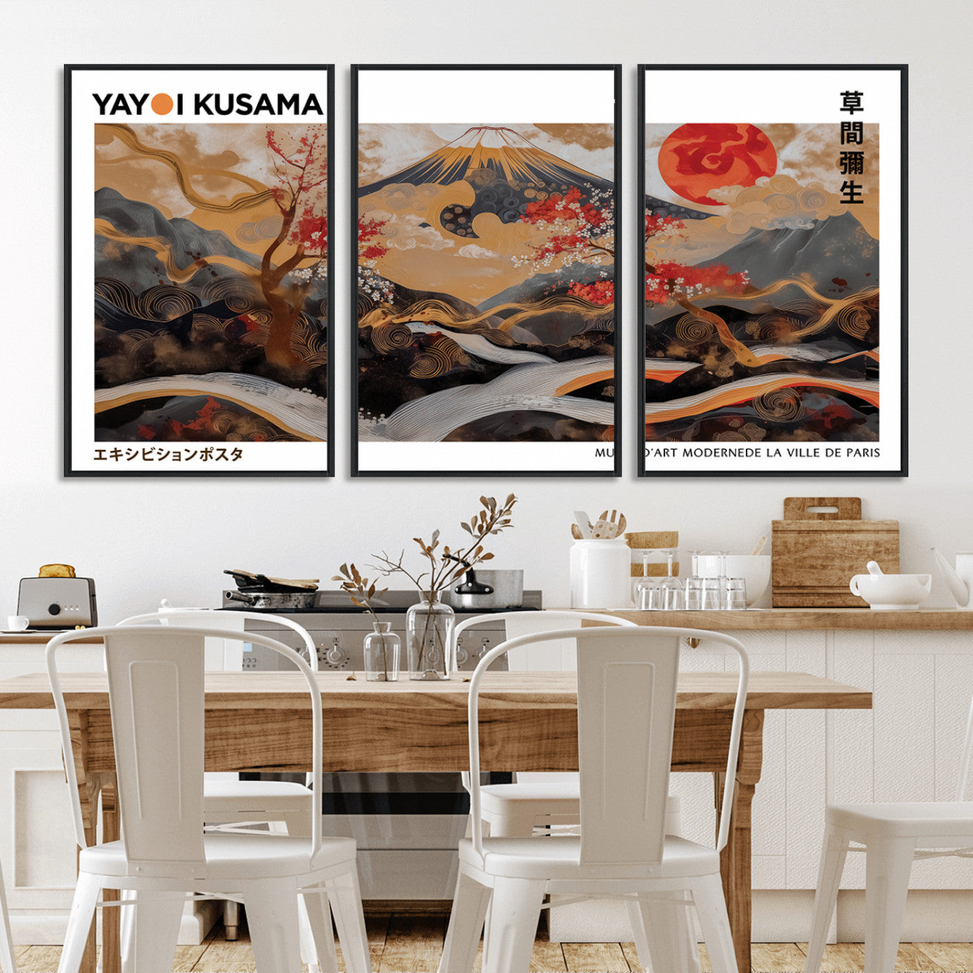 40959107-MGV-CV-36X24-Modern Japanese Wall Art Canvas Print – Framed Abstract Mount Fuji Scene Inspired Yayoi Kusama for Home, Office