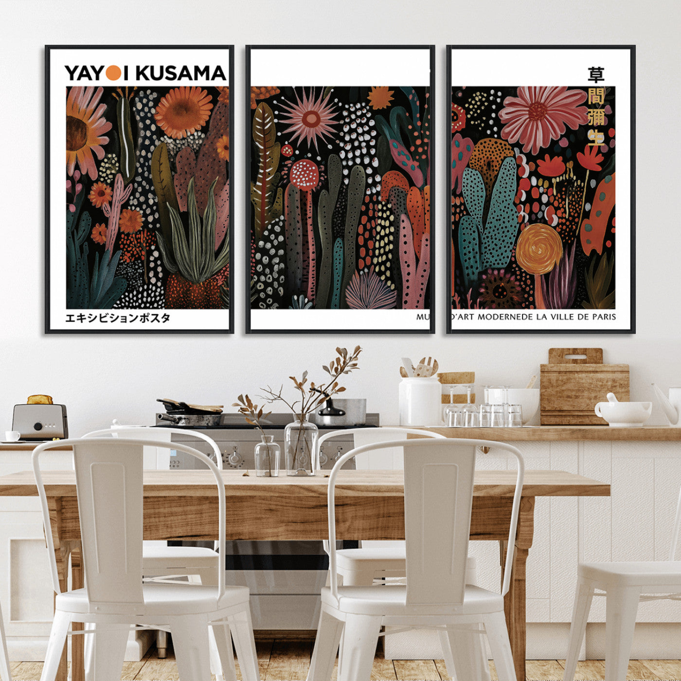 70632622-MGV-CV-36X24-Modern Japanese Wall Art Canvas Print – Framed Abstract Mount Fuji Scene with Yayoi Kusama Artwork for Home, Office