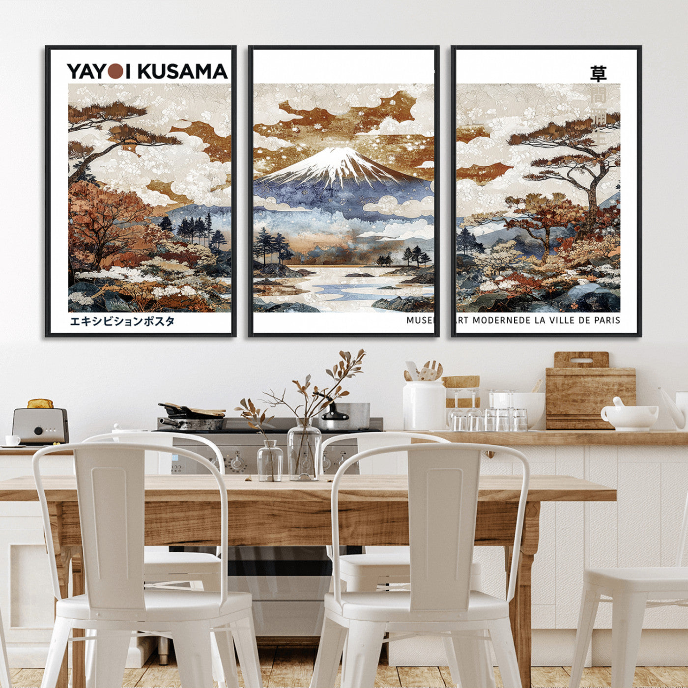 80111817-MGV-FC-60X30-3P_Black-Modern Japanese Wall Art Canvas Print – Framed Abstract Mount Fuji Scene with Yayoi Kusama Artwork for Home, Office