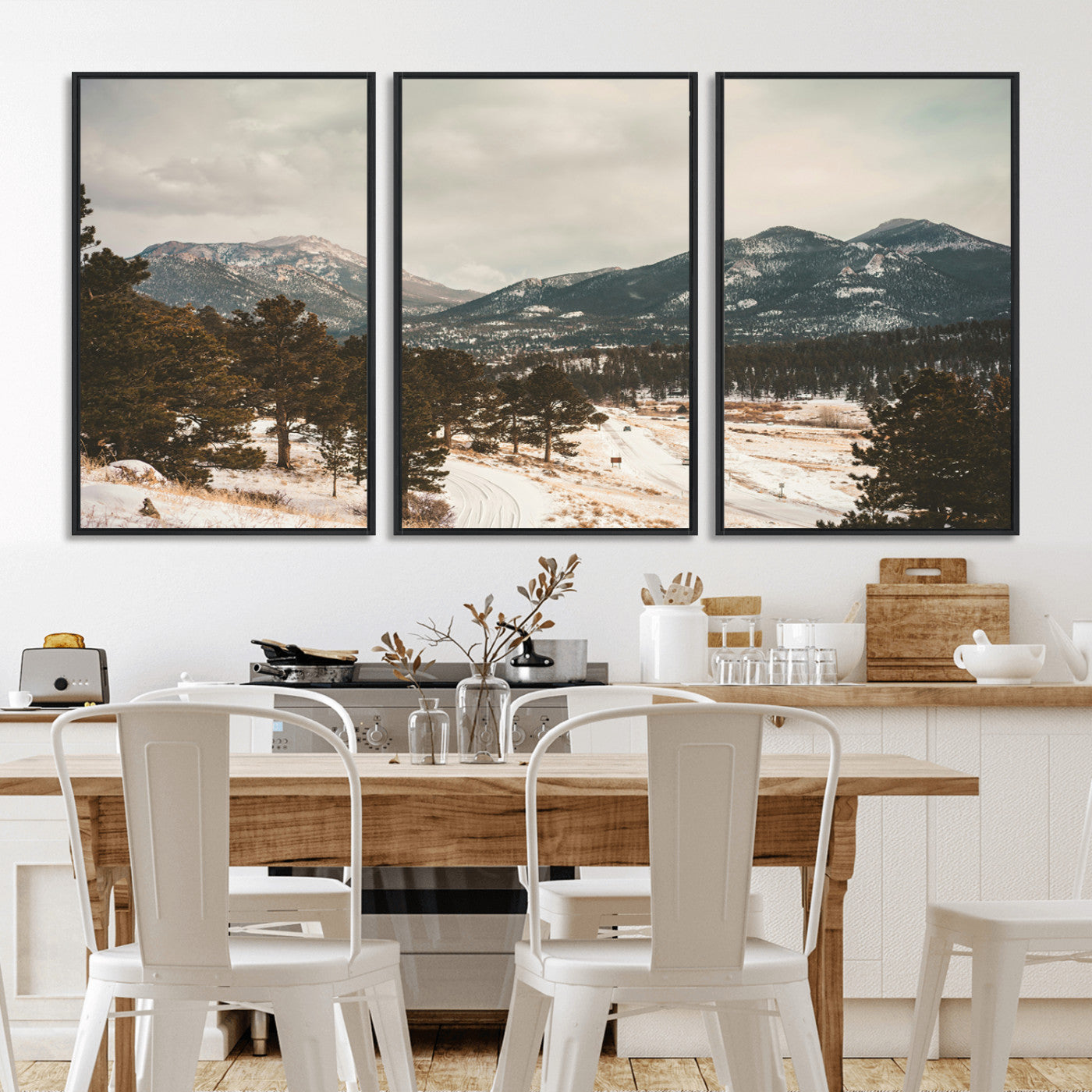 77311749-MGV-FC-60X30-3P_Black-Mountain Landscape Wall Art Canvas Print – Framed Snowy Peaks Alpine Aesthetic Rustic Winter Scene Artwork for Home Office