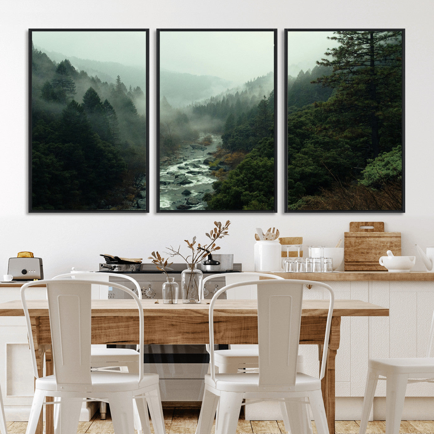 48497565-MGV-CV-36X24-Misty Forest Wall Art Canvas Print – Framed Foggy River Moody Landscape Wilderness Nature Scene Artwork for Home Office