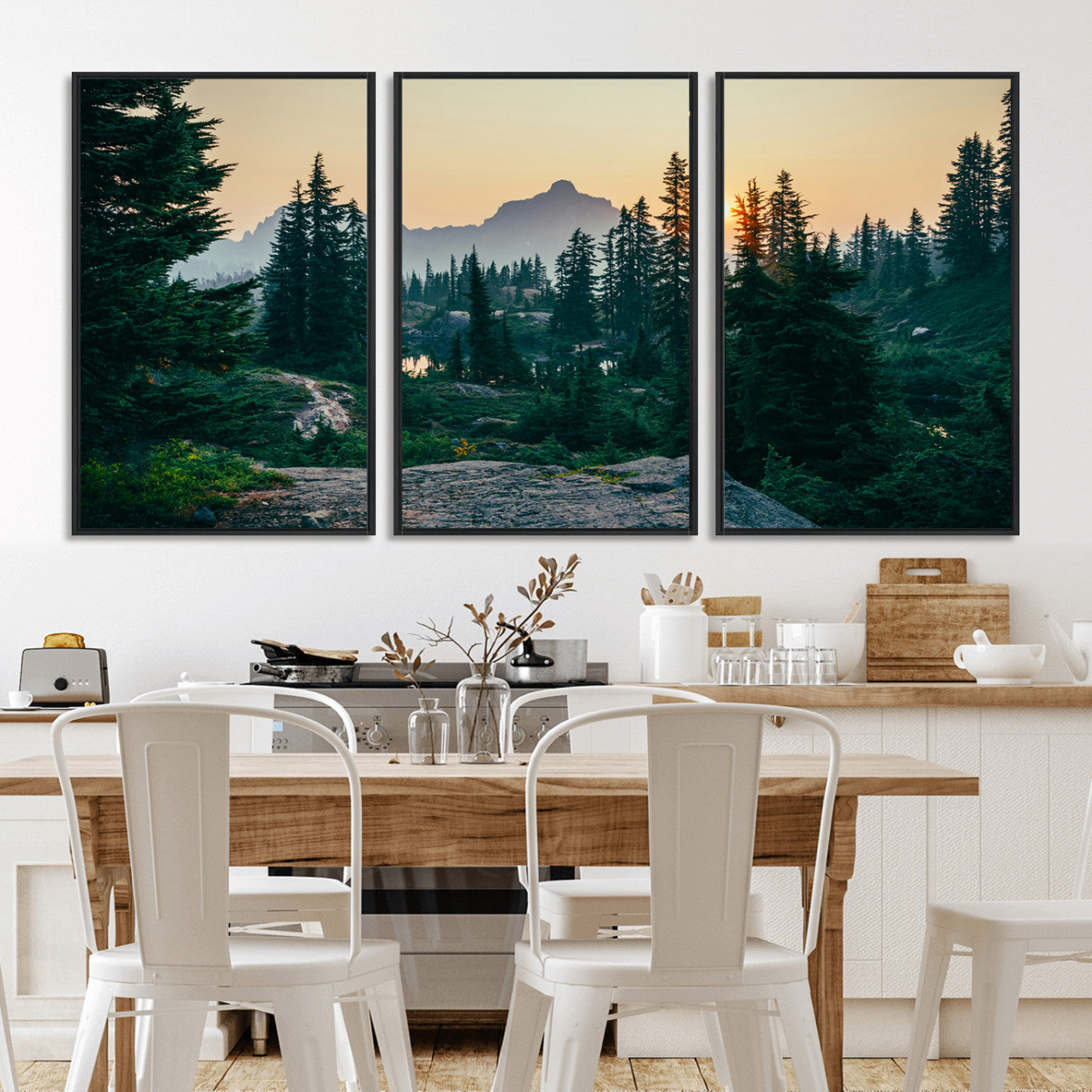 66397982-MGV-FC-60X30-3P_Black-Mountain Wall Art Canvas Print – Framed Forest Serenity Mountain Nature Scene Artwork for Home Office