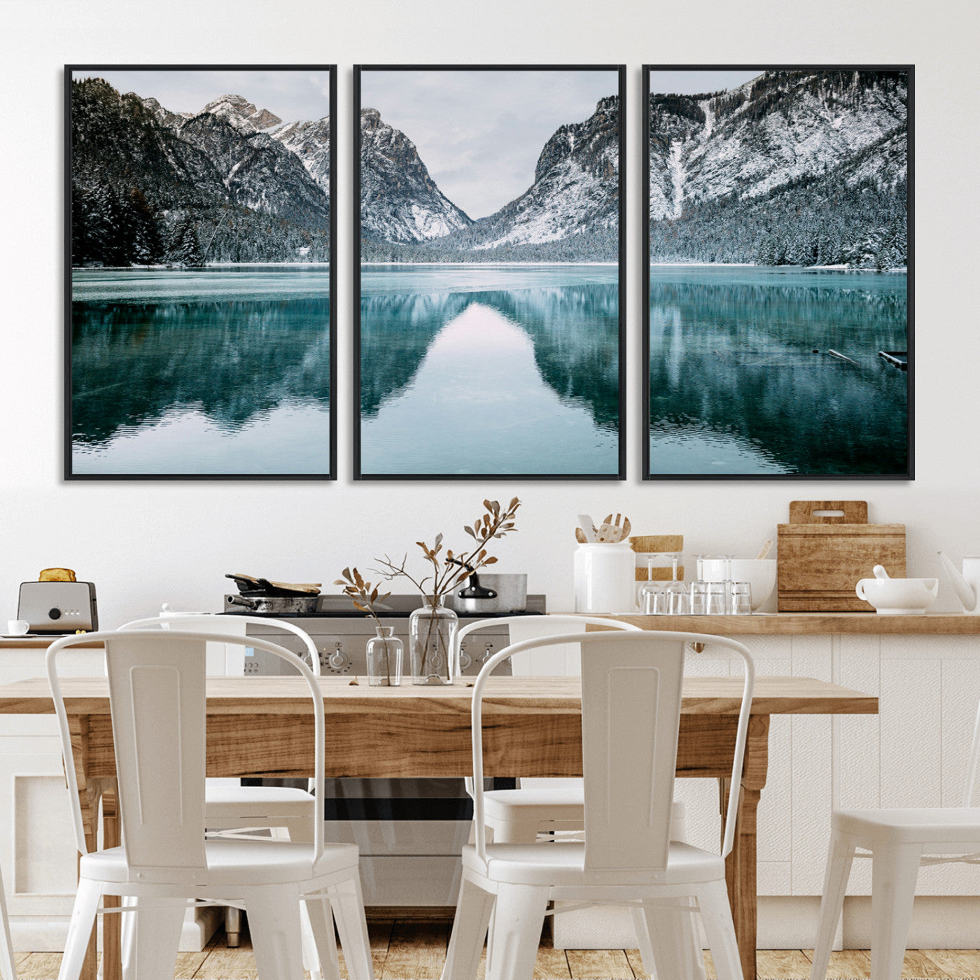 73098373-MGV-CV-36X24-Mountain Lake Wall Art Canvas Print – Framed Snowy Peaks Wonderland Nature Scene Artwork for Home Office