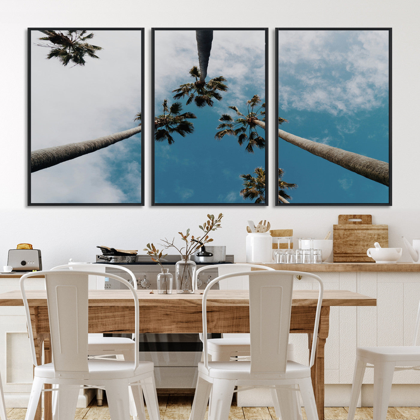 45236398-MGV-FC-60X30-3P-Tropical Palm Trees Wall Art Canvas Print – Framed California Sky Minimalist Nature Scene Artwork for Home Office