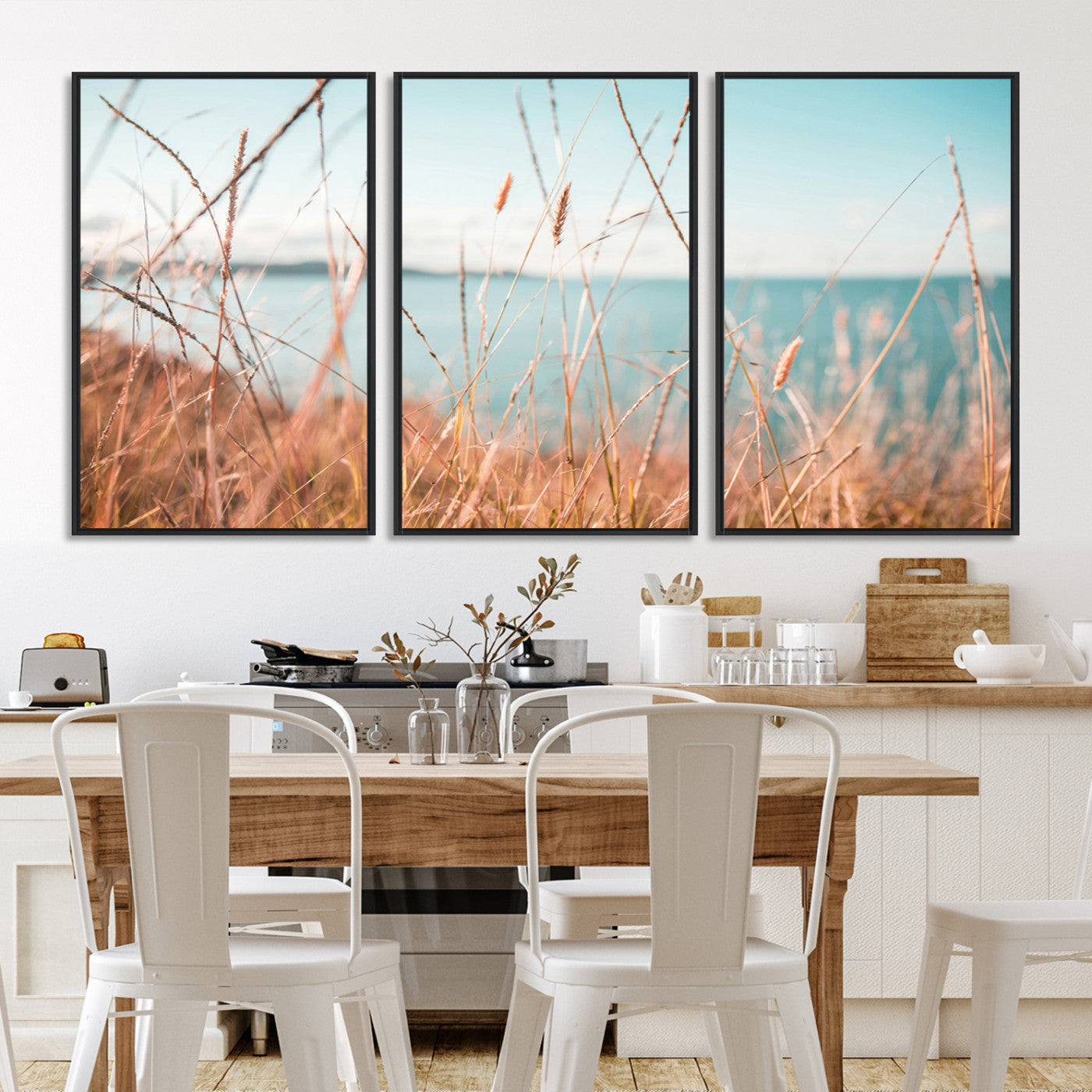36108696-MGV-FC-60X30-3P-Coastal Grass Landscape Wall Art Canvas Print – Golden Shoreline Nature Scene Serene Ocean View Artwork for Home Office