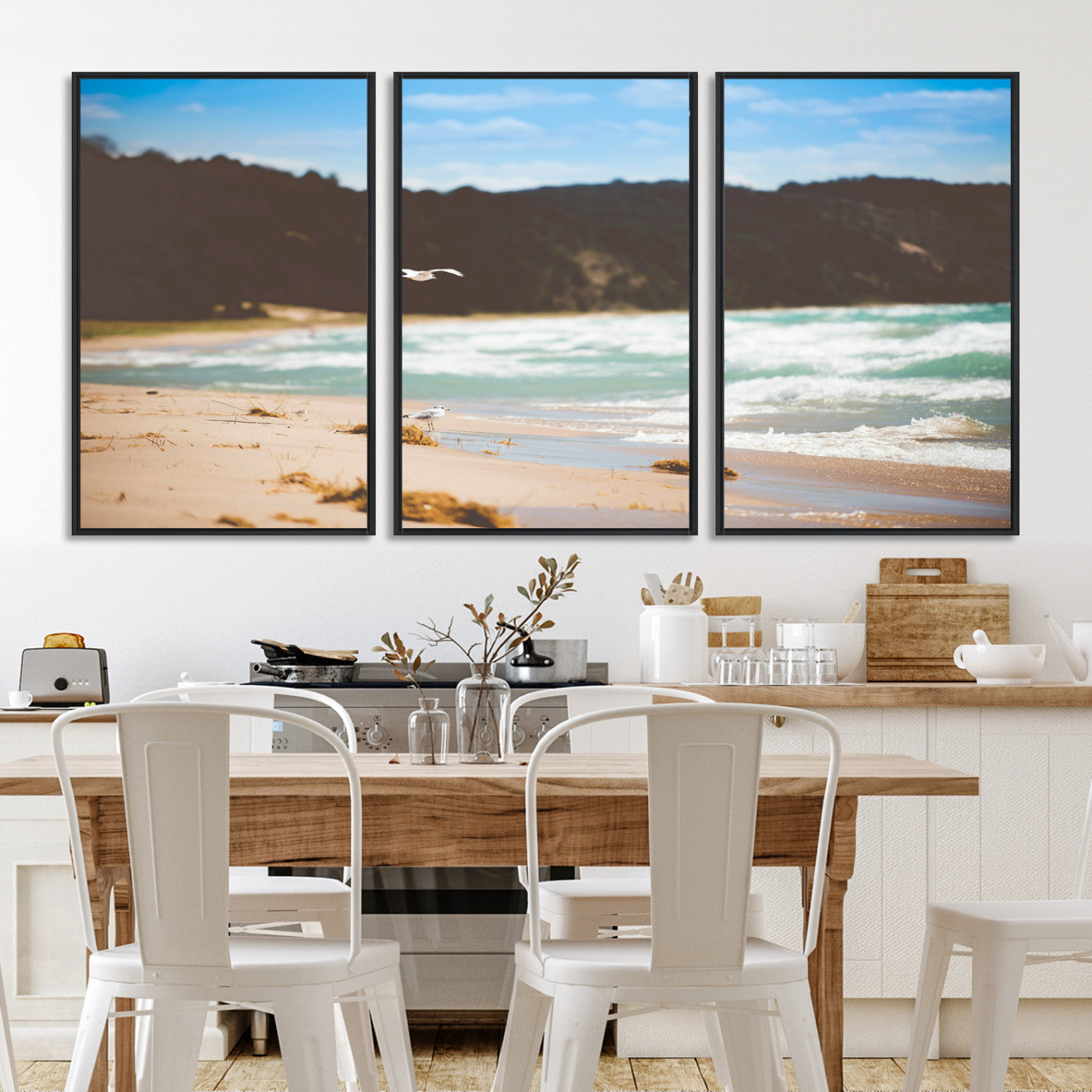 84260965-MGV-FC-60X30-3P-Tranquil Beach Scene Wall Art Canvas Print – Framed Blue Ocean Waves Sandy Shore Coastal Nature Artwork for Home Office