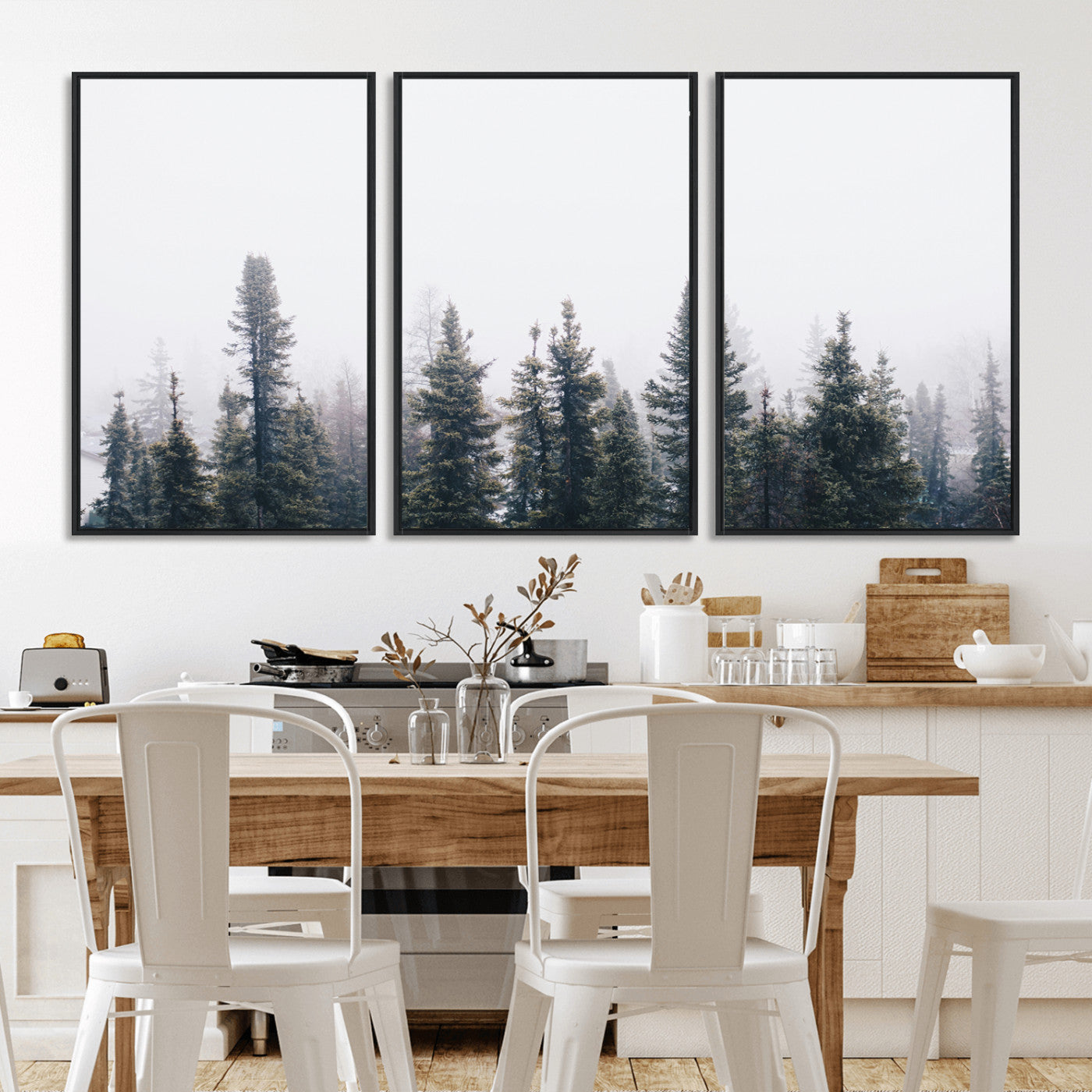 -Foggy Forest Wall Art Canvas Print – Framed Misty Pines Moody Woodland Nature Scene Artwork for Home Office