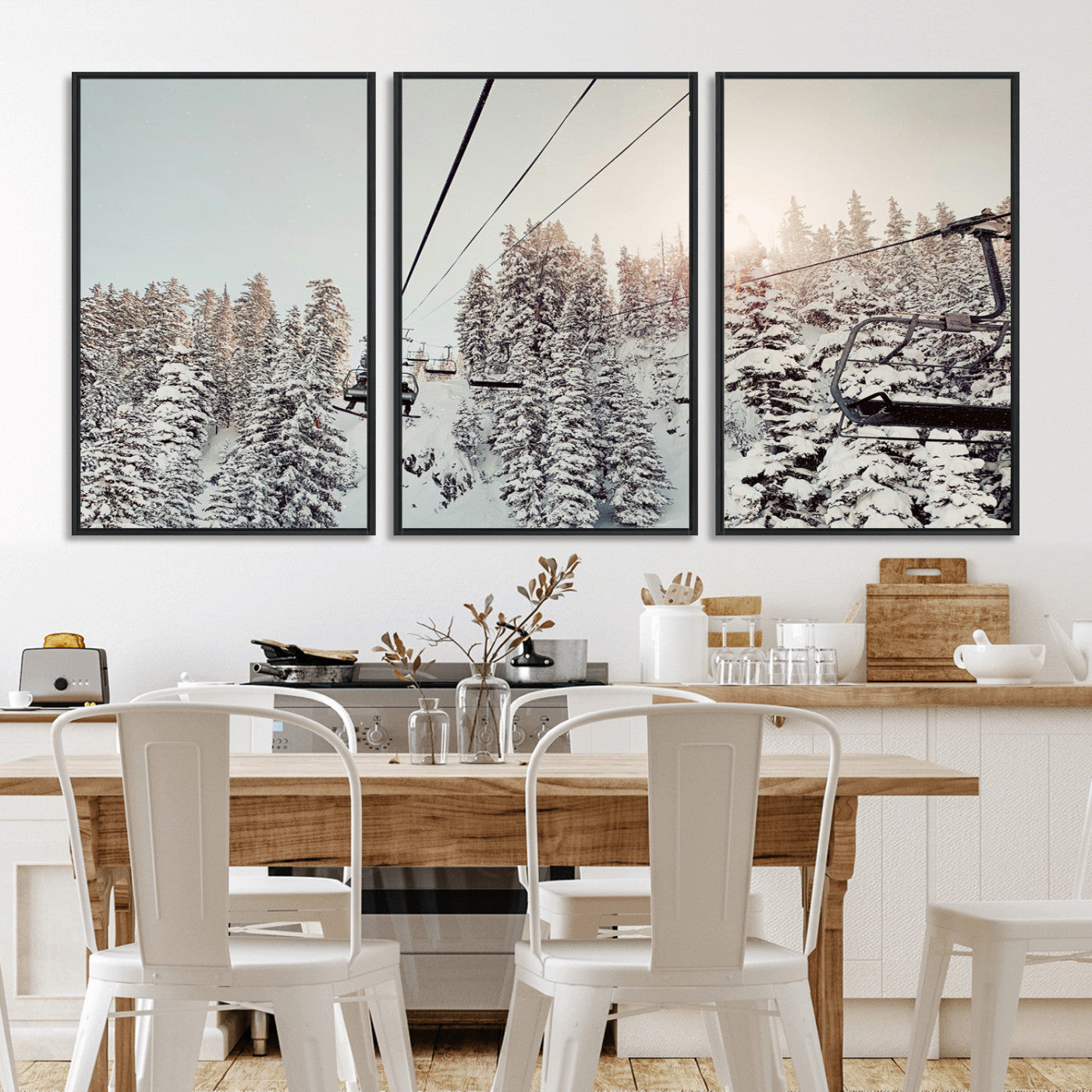 91534512-MGV-CV-36X24-Frosty Pines Wall Art Canvas Print – Framed Cozy Cabin Ski Lift Ride Winter Scene Artwork for Home Office