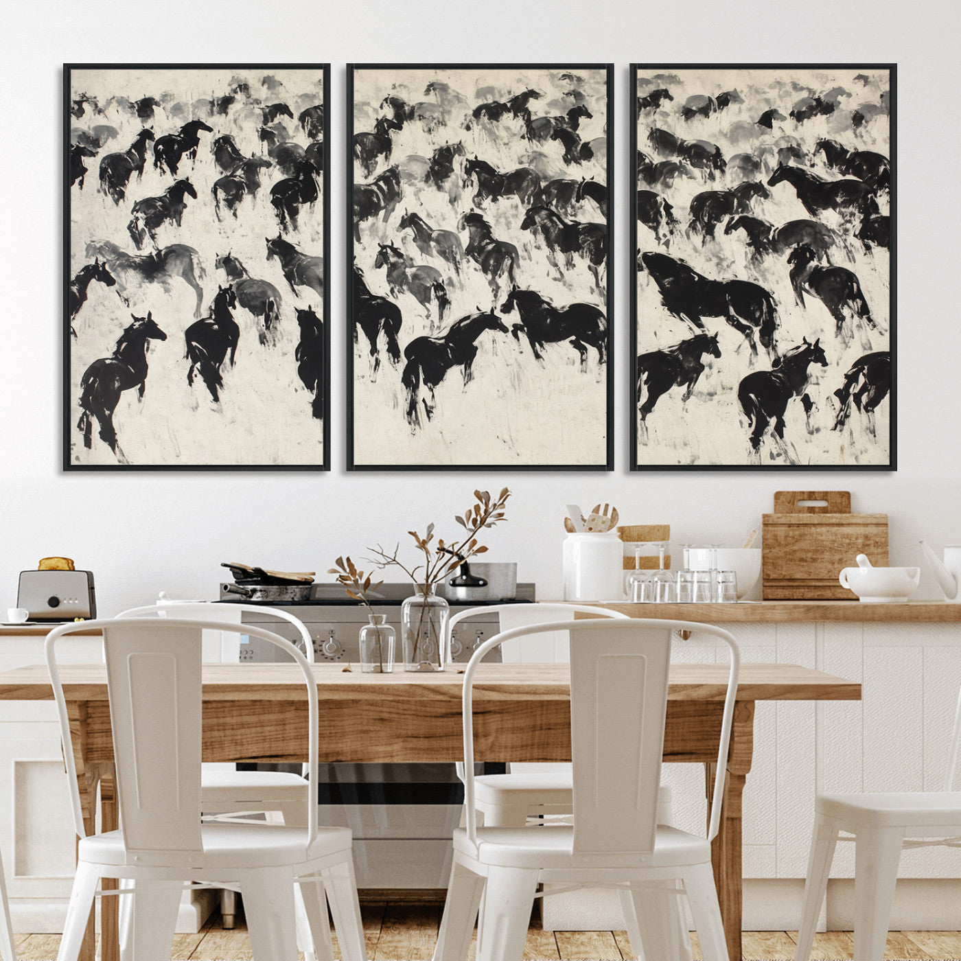 -Wild Horse Stampede Wall Art Canvas Print – Monochrome Running Horses Dynamic Motion Elegant Scene Artwork for Home, Office