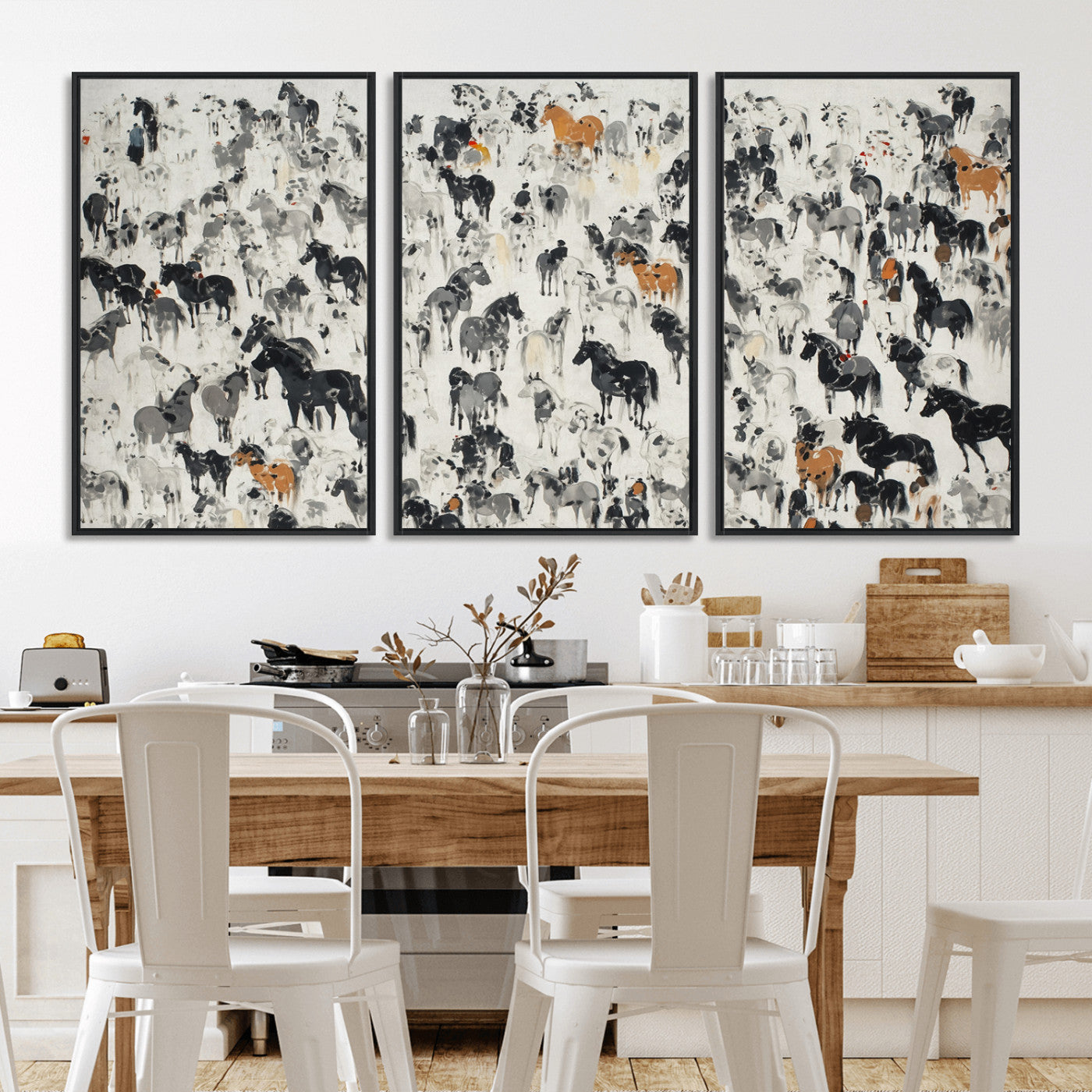 56463722-MGV-CV-36X24-Wild Horse Stampede Wall Art Canvas Print – Monochrome Running Horses Dynamic Motion Elegant Scene Artwork for Home, Office