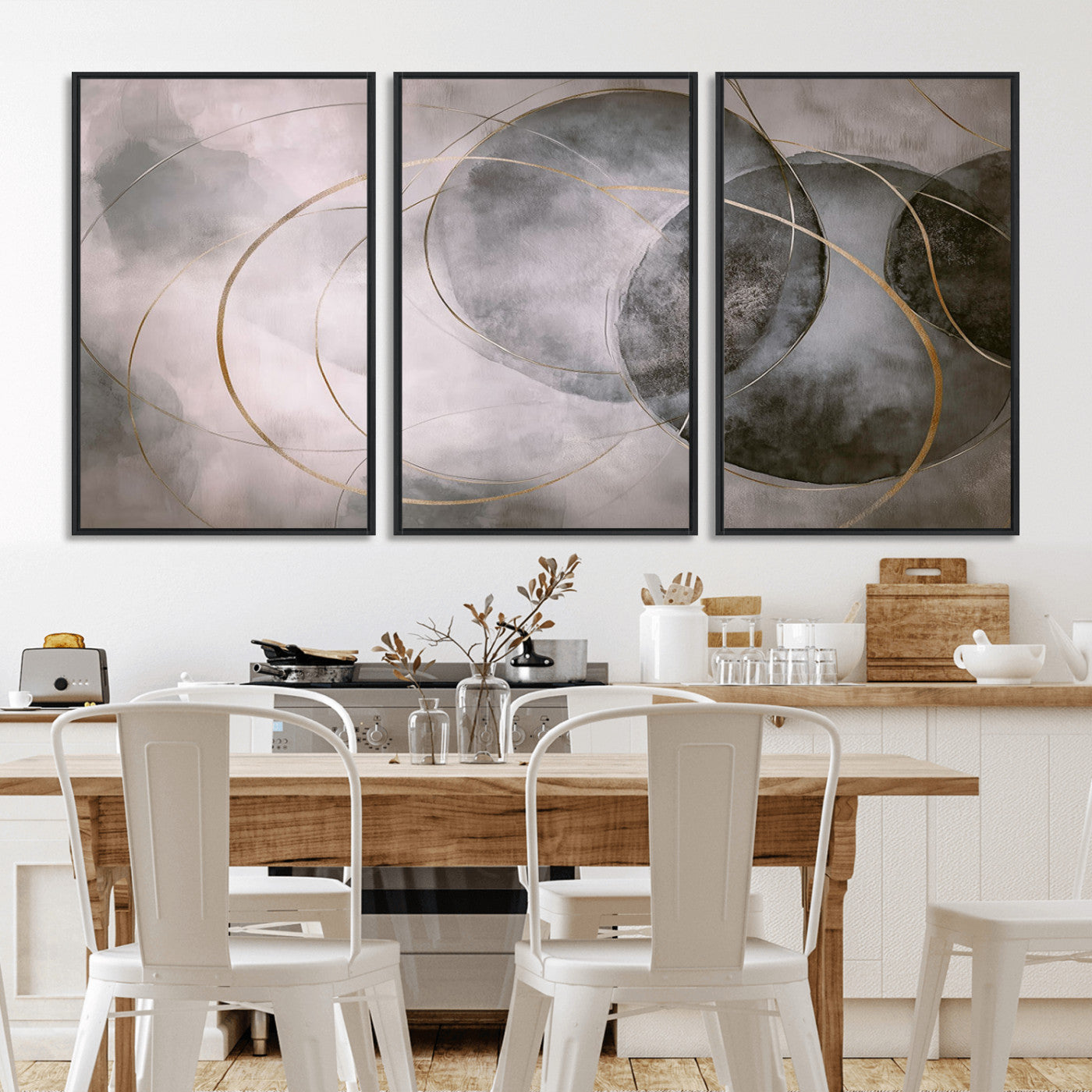 20066876-MGV-CV-36X24-Abstract Grey Gold Circle Wall Art – Modern Geometric Canvas Artwork, Minimal Elegant Design, Luxury Wall Decor for Home, Office