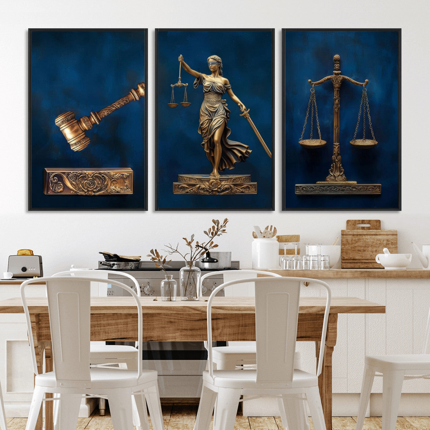 -Lady Justice Wall Art Canvas Print – Elegant Gold Legal Symbols Blue Background Artwork for Home, Office, Living Room