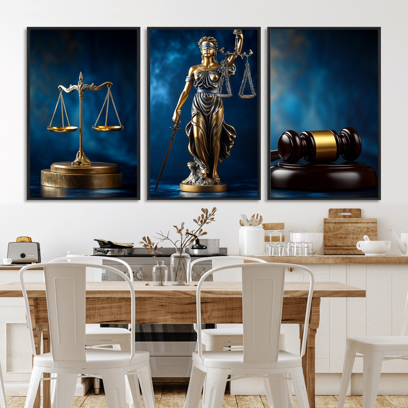 -Lady Justice Wall Art Canvas Print – Elegant Gold Legal Symbols Blue Background, Perfect for Law
