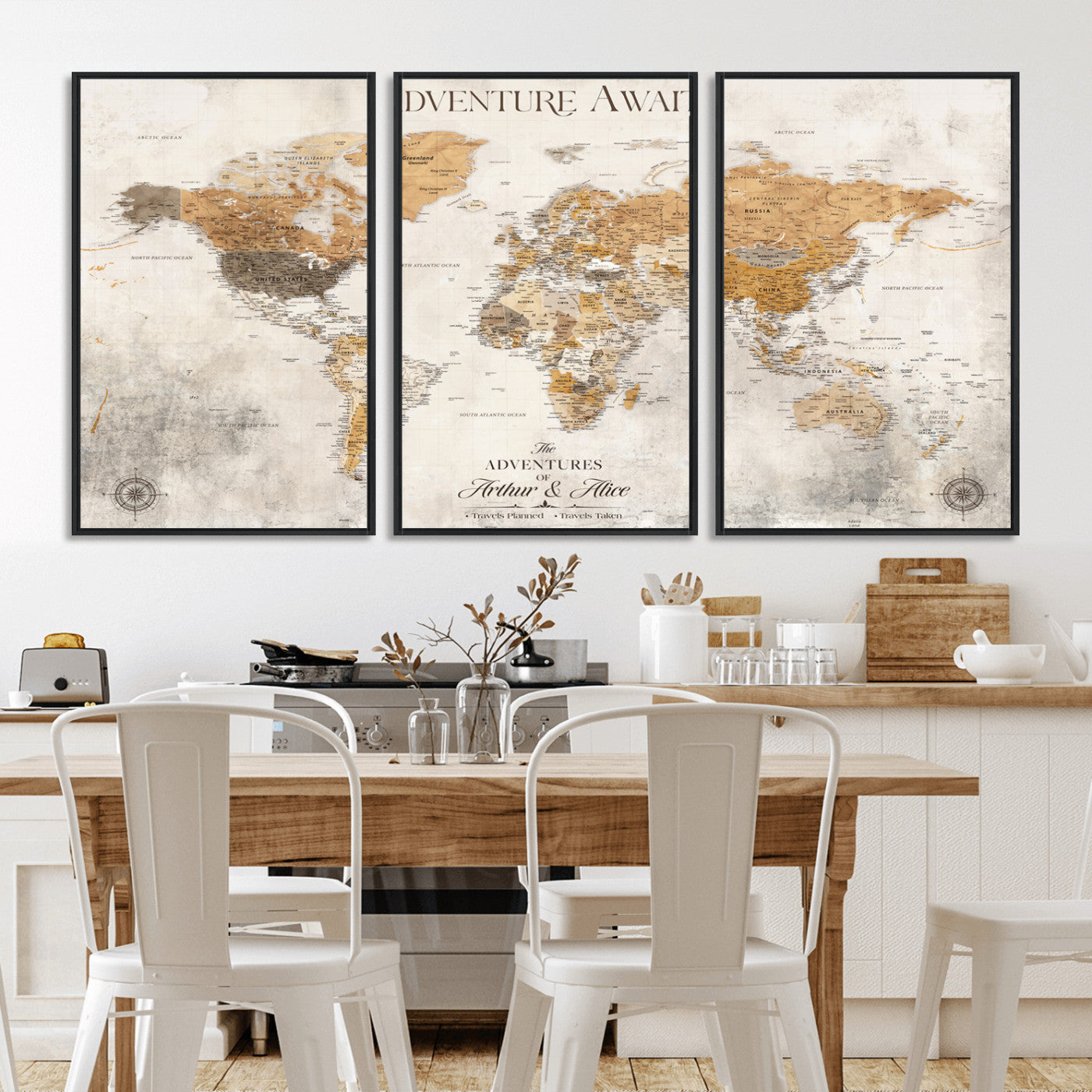 Rehber01-MGV-CV-36X24-Personalized World Map Canvas Print – Custom Push Pin Travel Map Vintage Neutral Style Gift for Couples Travelers for Home Office