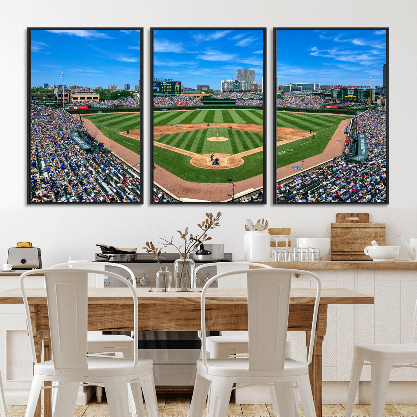 35800083-MGV-FC-60X30-3P - Wrigley Field Baseball Stadium Canvas Wall Art – Packed Crowd Sports Stadium City Skyline Artwork for Home Office
