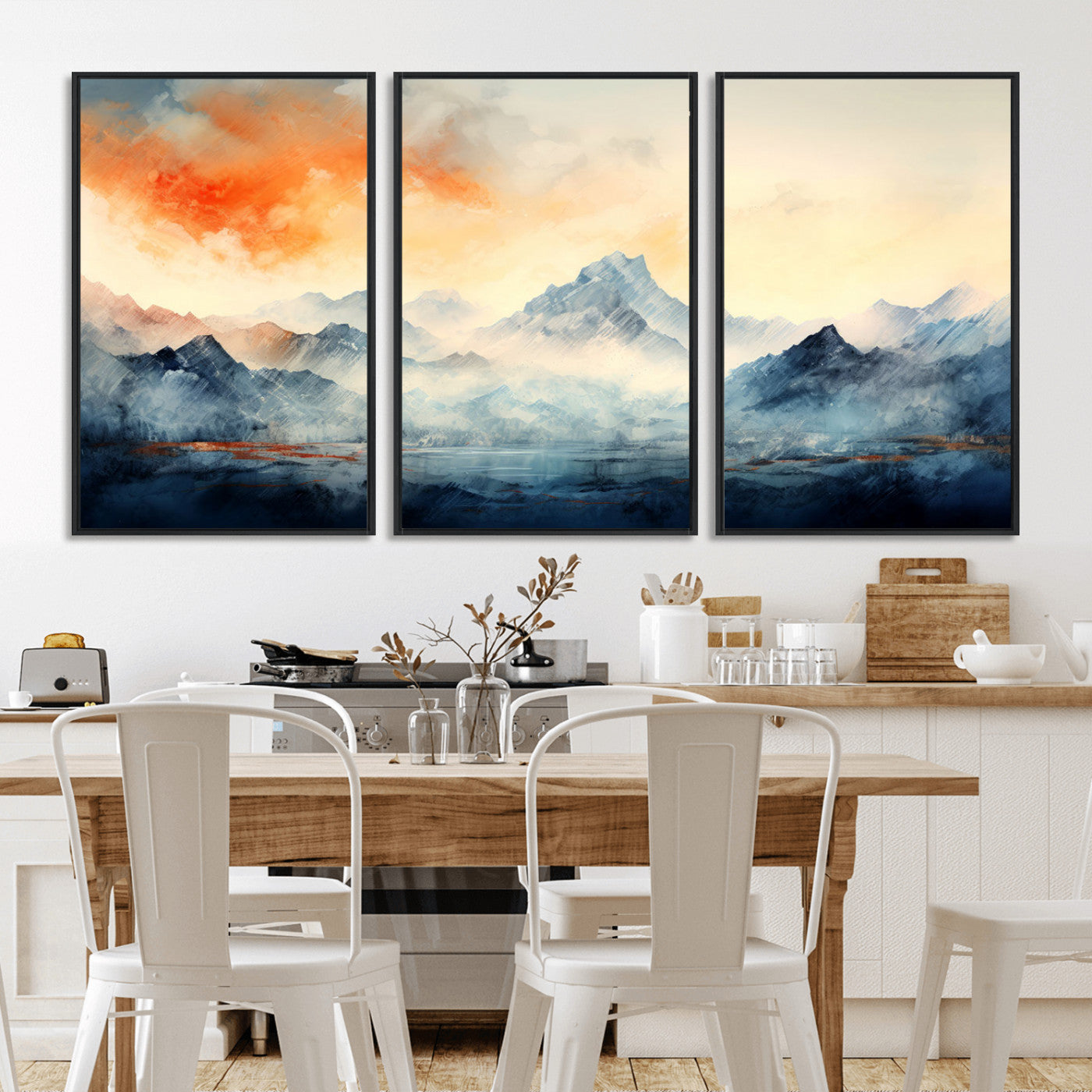 WRM1005-MGV-FC-60X30-3P - Warm Clouds Abstract Mountain Wall Art, Modern Landscape Canvas Print, Minimal Framed Artwork for Home, Office