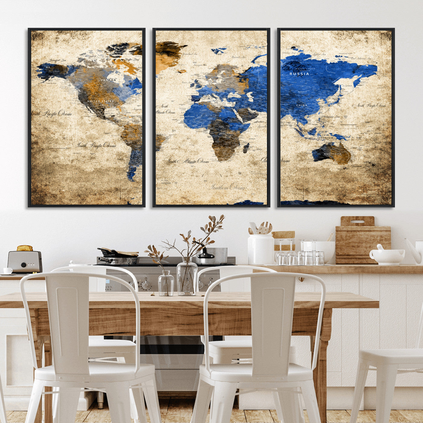13564339-MGV-FC-60X30-3P - World Map Wall Art Canvas Print, Modern Decorative Framed Map Artwork Prints for Living Room, Office, Bedroom Wall Decor