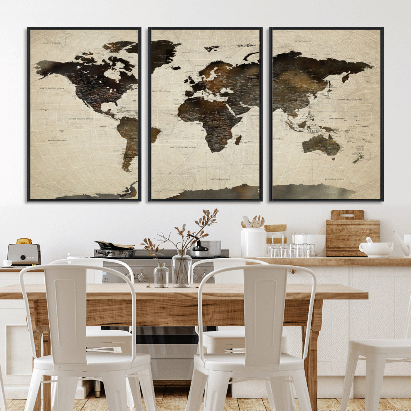 81771296-MGV-FC-60X30-3P - World Map Wall Art Canvas Print, Modern Decorative Framed Map Artwork Prints for Living Room, Office, Bedroom Wall Decor