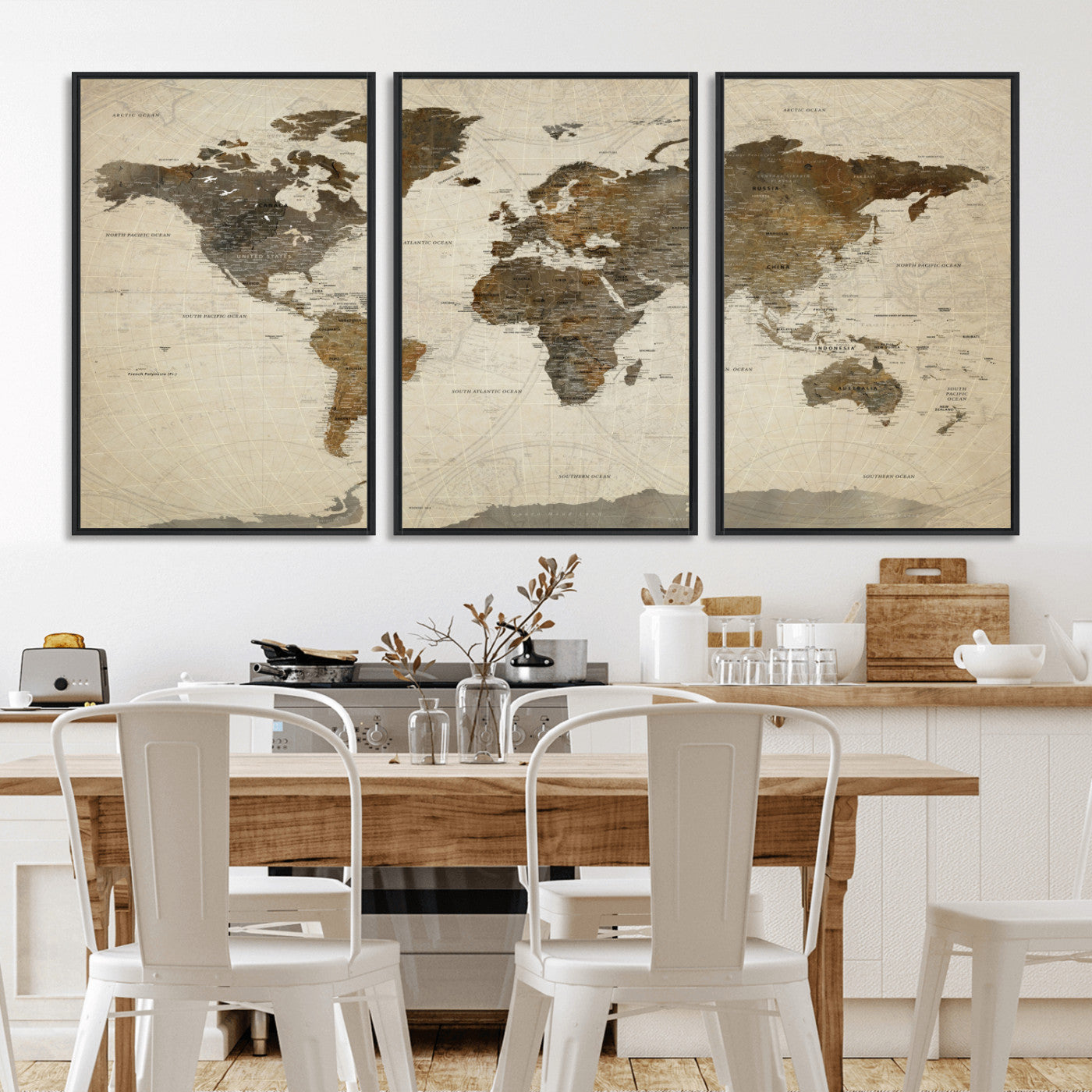 91849163-MGV-FC-60X30-3P - World Map Wall Art Canvas Print, Modern Decorative Framed Map Artwork Prints for Living Room, Office, Bedroom Wall Decor