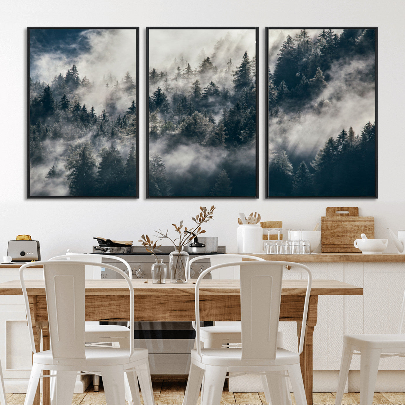 270372951-MGV-FC-60X30-3P - Misty Pine Forest Canvas Wall Art – Dark Forest Mountaing and Nature Landscape Print, Horizontal Canvas Print
