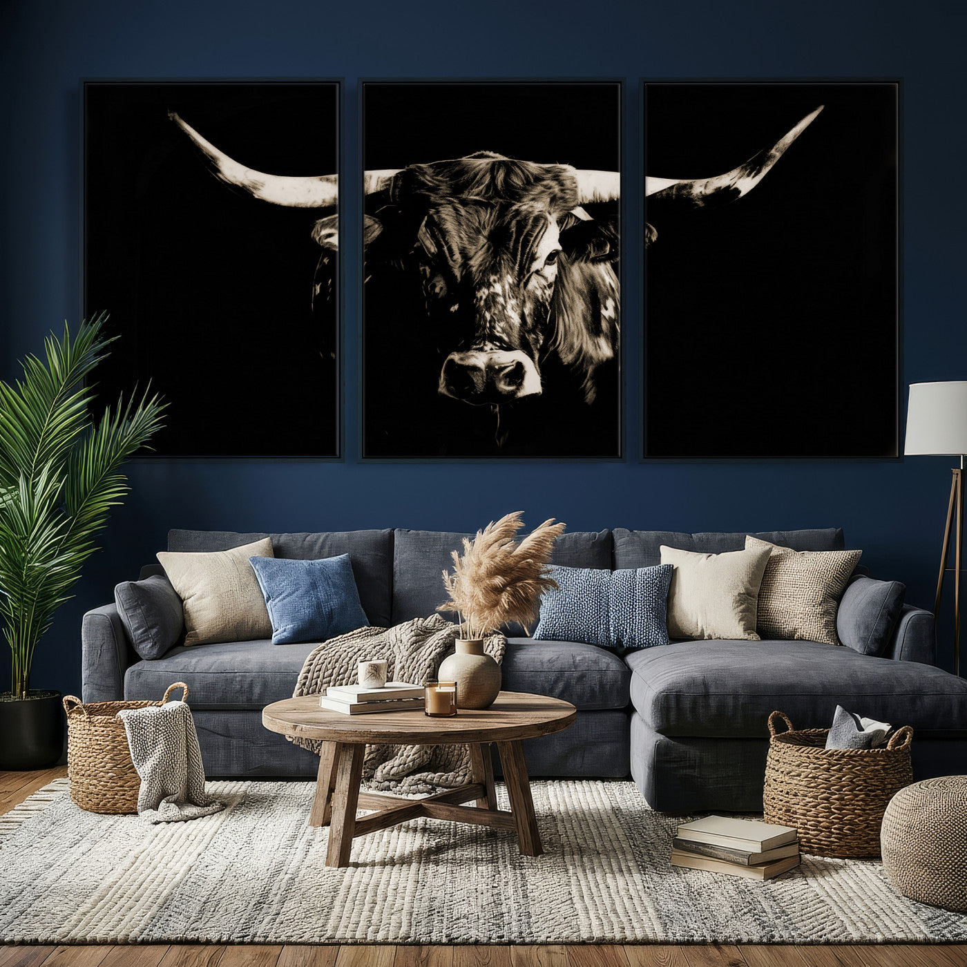 75774468-MGV-CV-36X24 - Black Bull Wall Art Canvas Print, Dark Longhorn Portrait Photography, Framed Wall Art Ready to Hang