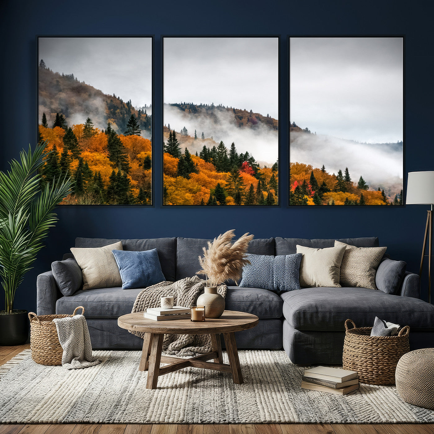 93581632-MGV-CV-36X24 - Autumn Forest Wall Art Canvas Print, Foggy Mountain Landscape Nature Photography, Framed Wall Art Ready to Hang