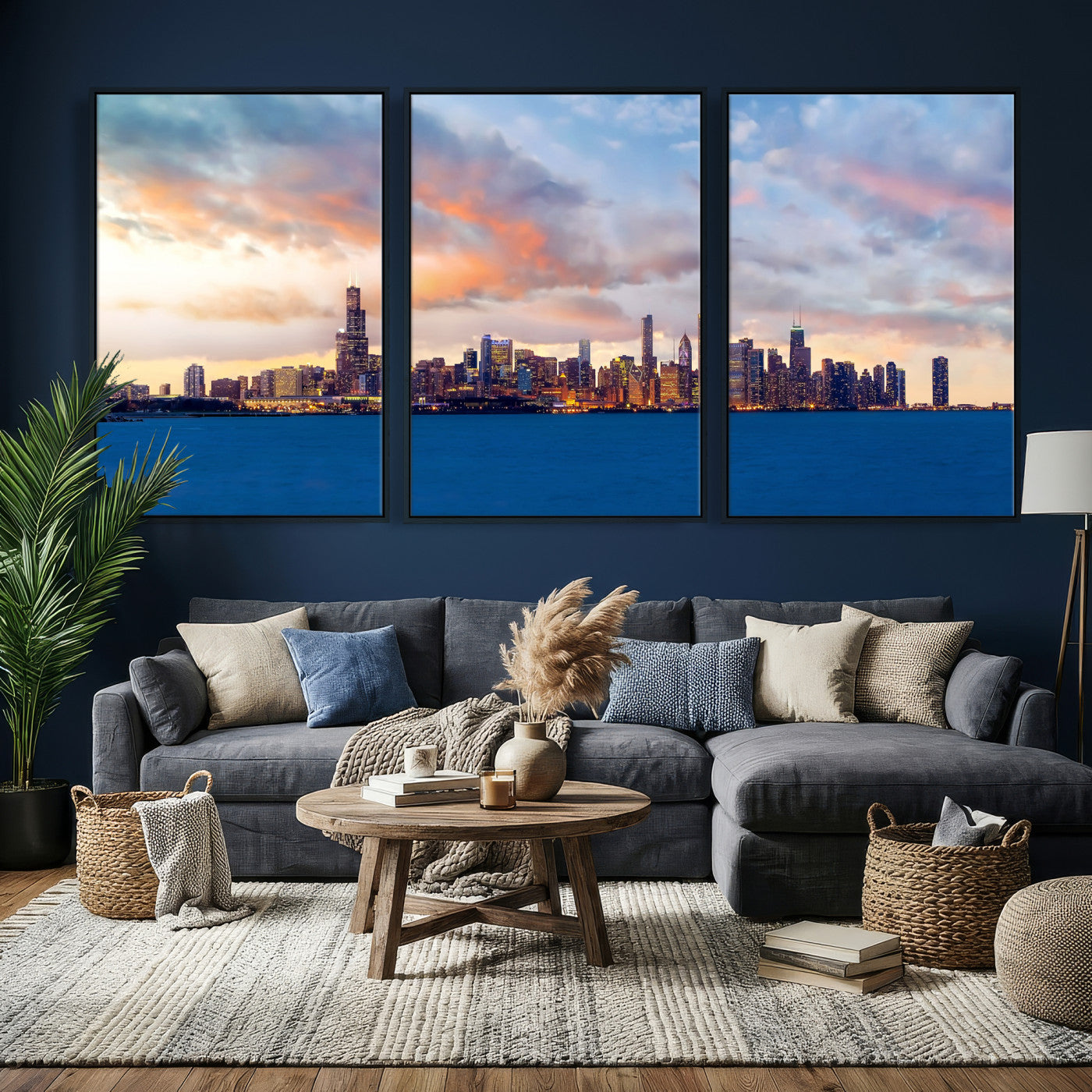 34667960-MGV-CV-36X24 - Chicago Wall Art Canvas Print, Chicago City Downtown Night Cityscape Print for Modern Urban Wall Decor