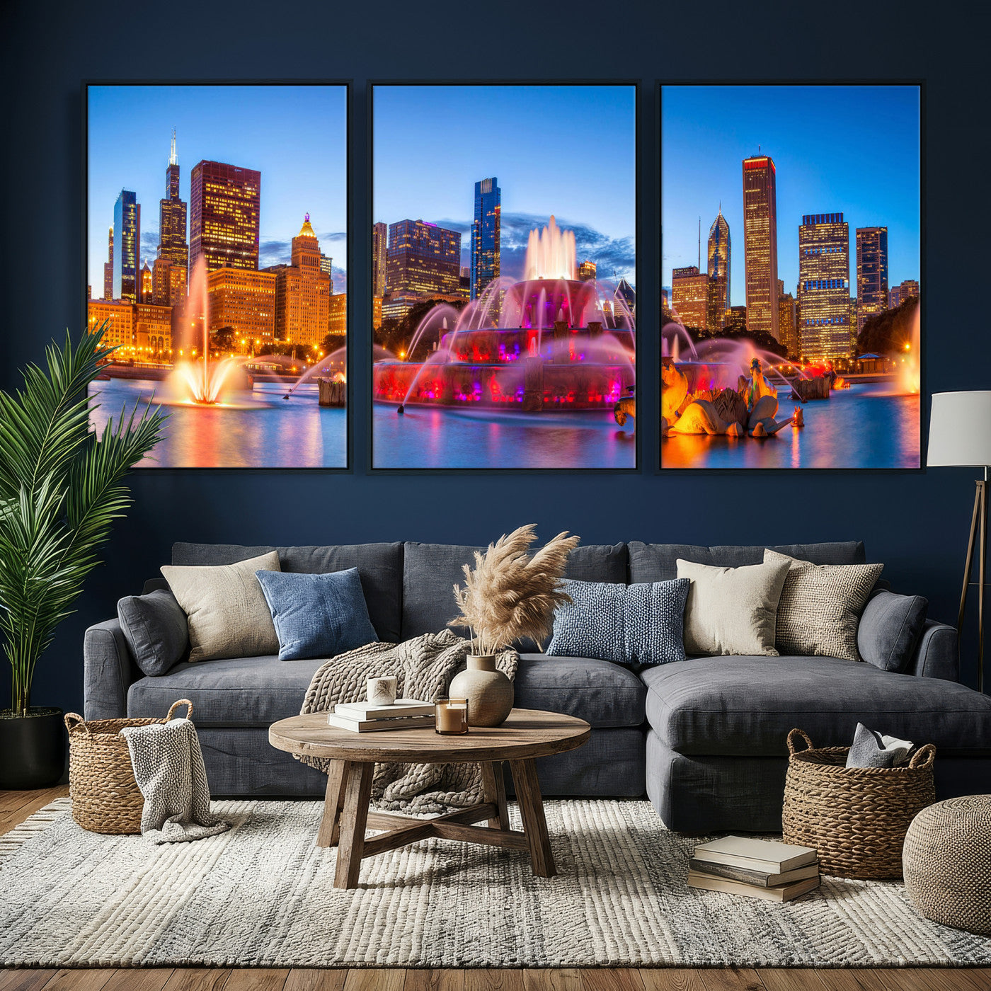 20251989-MGV-CV-36X24 - Chicago Wall Art Canvas Print, Chicago City Downtown Night Cityscape Print for Modern Urban Wall Decor