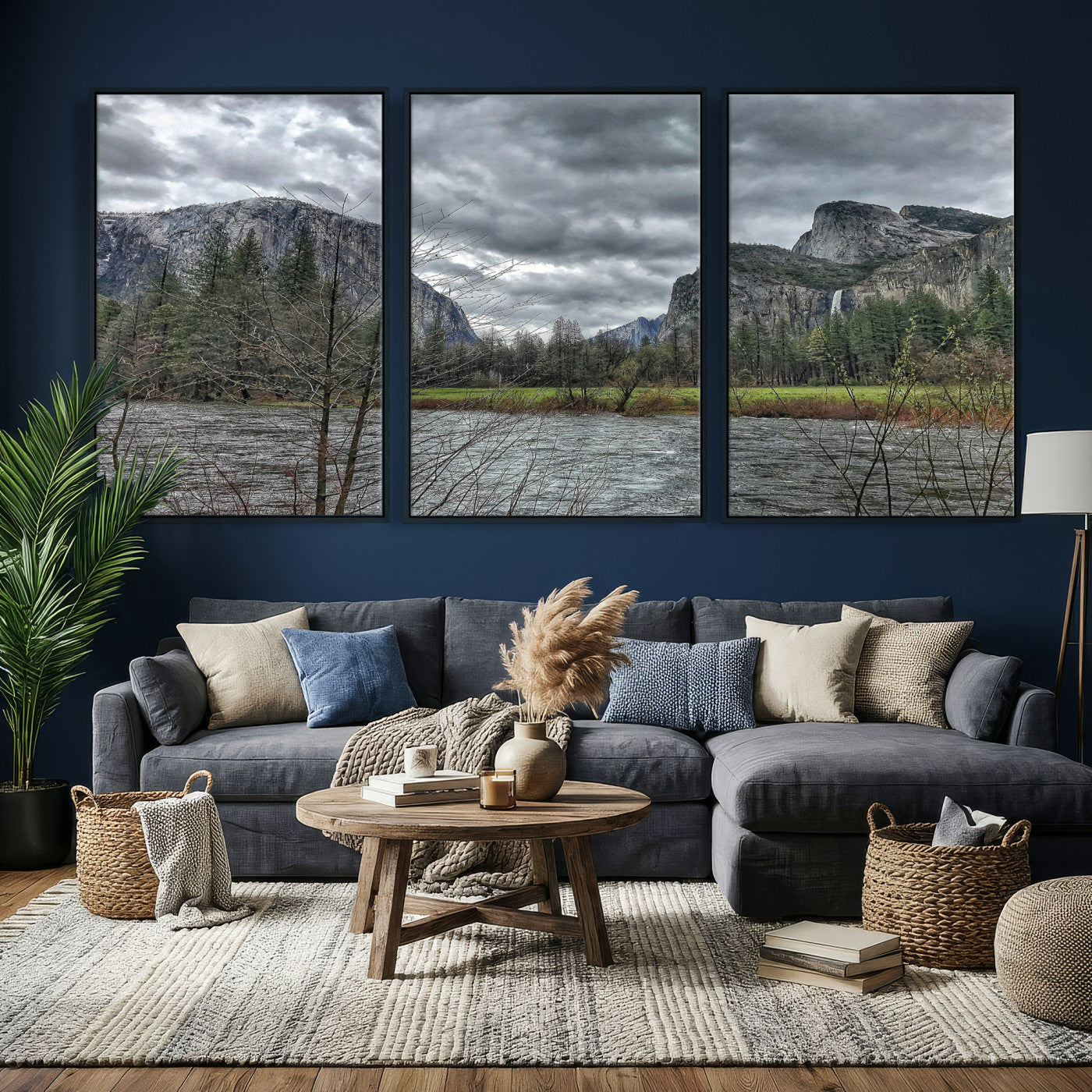 75582552-MGV-CV-36X24 - Yosemite Valley River Landscape Wall Art Canvas Print, Granite Cliffs Forest River Canvas Print, California National Park Moody Scenic Art Printi