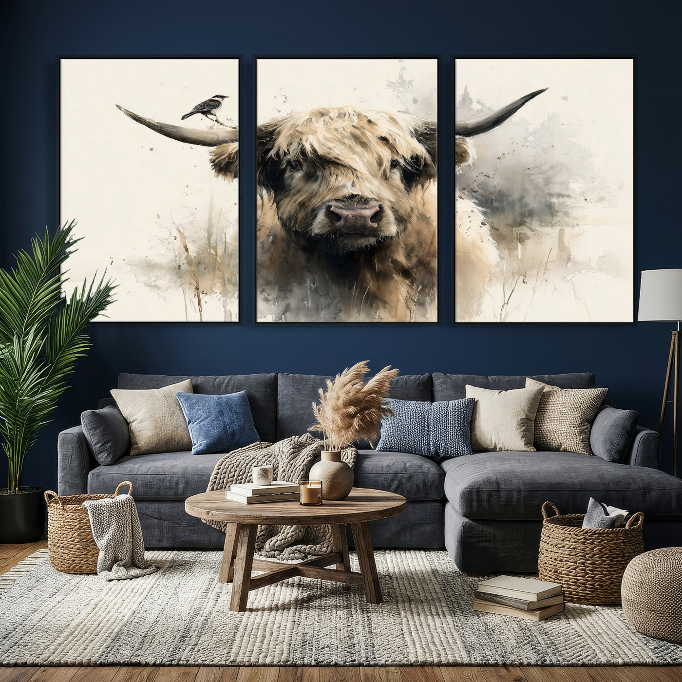 98249290-MGV-CV-36X24 - Abstract Highland Cow Watercolor Animal Wall Art Canvas Print, Rustic Farm Cattle Portrait Canvas Print, Neutral Wildlife Farmhouse Art Printing