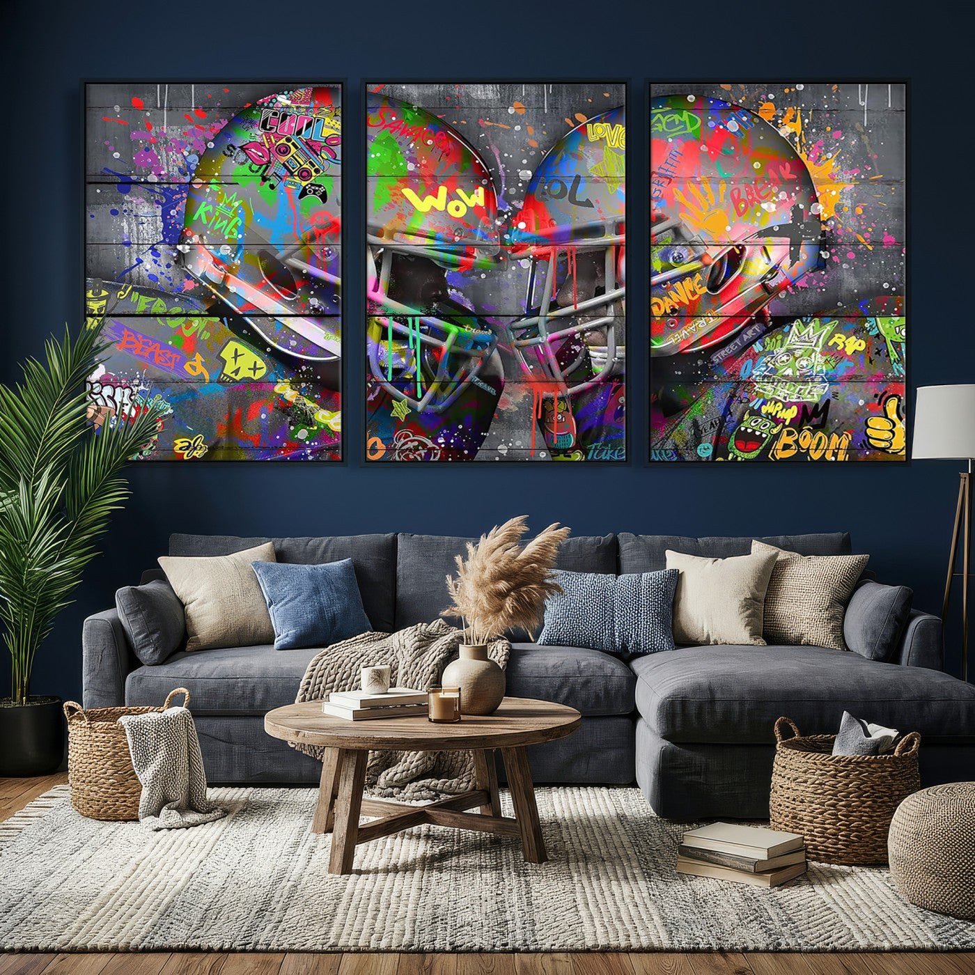 15309853-MGV-CV-36X24 - Graffiti Football Helmets Wall Art Canvas Print, Urban Street Art Sports Decor, Colorful American Football Graffiti Artwork