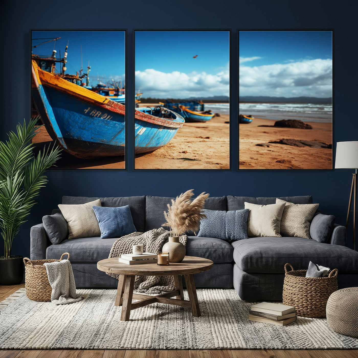 70925201-MGV-CV-36X24 - Fishing Boats Wall Art Canvas Print, Coastal Boat Beach Scene, Nautical Seaside Artwork, Ocean Shore Decor, Coastal Home Wall Art