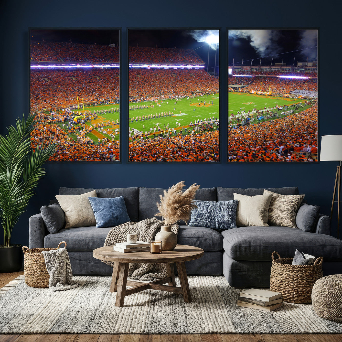 43662631-MGV-CV-36X24 - Clemson Football Stadium Wall Art Canvas Print, College Football Crowd Night Game Scene, Orange Stadium Panorama Wall Decor