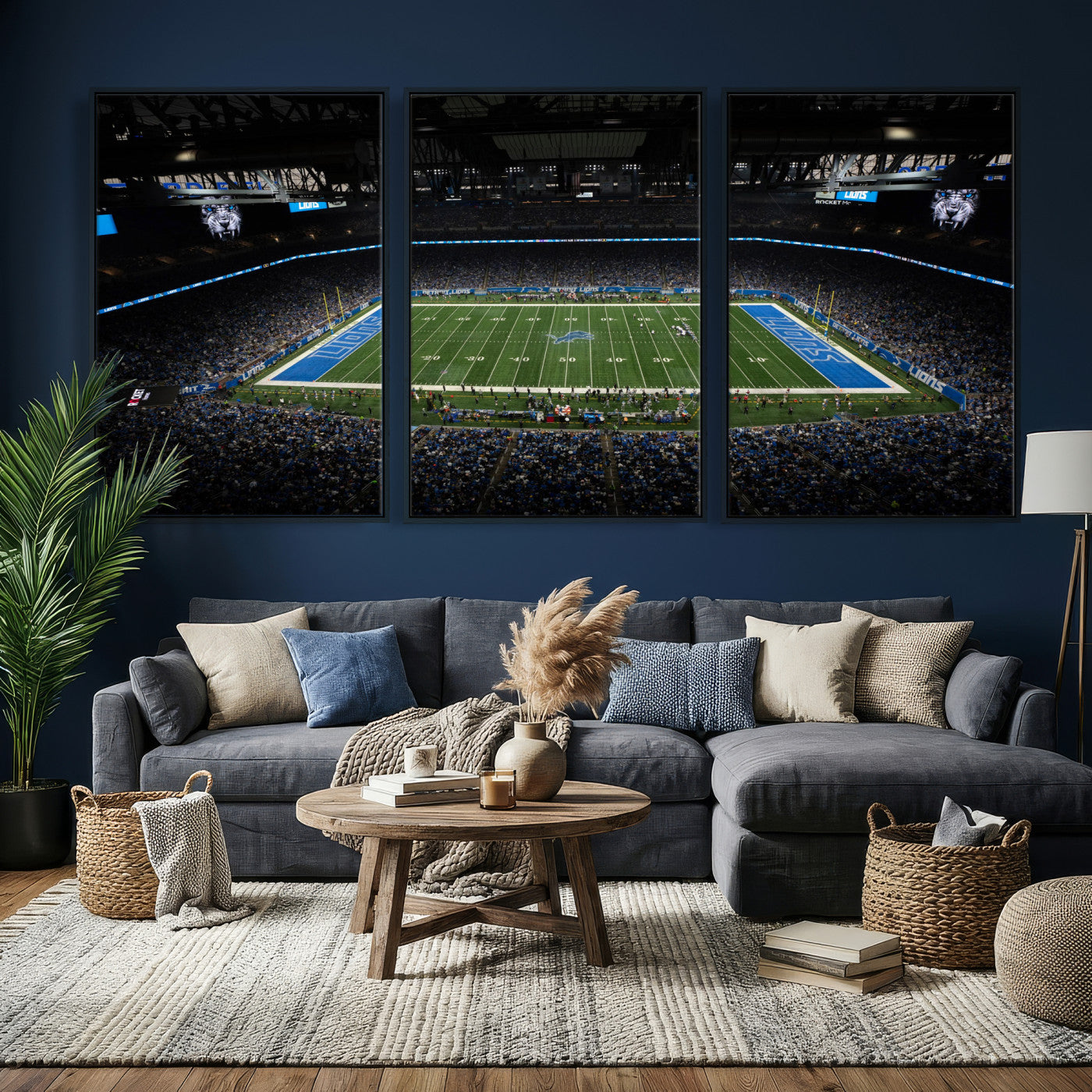 16709602-MGV-CV-36X24 - Detroit Lions Stadium Wall Art Canvas Print, Football Field Panorama Artwork, NFL Game Night Stadium Decor